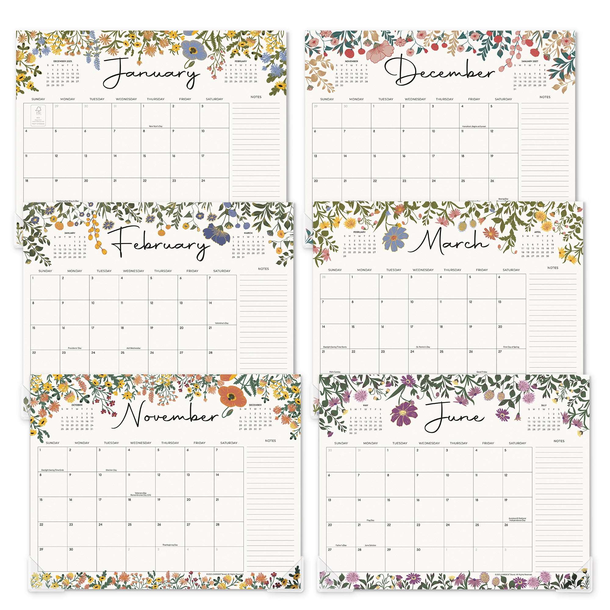 Floral-themed monthly calendar for January to December on a white background