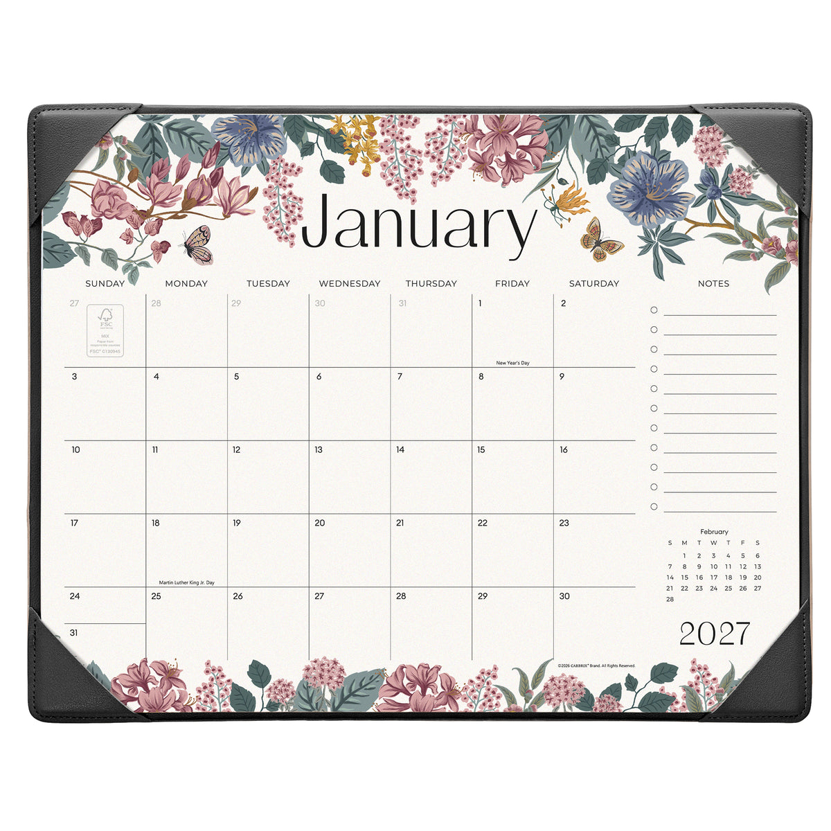 Cabbrix 2027-2028 Desk Calendar, 15"L×12"W, Elegant Floral, Black