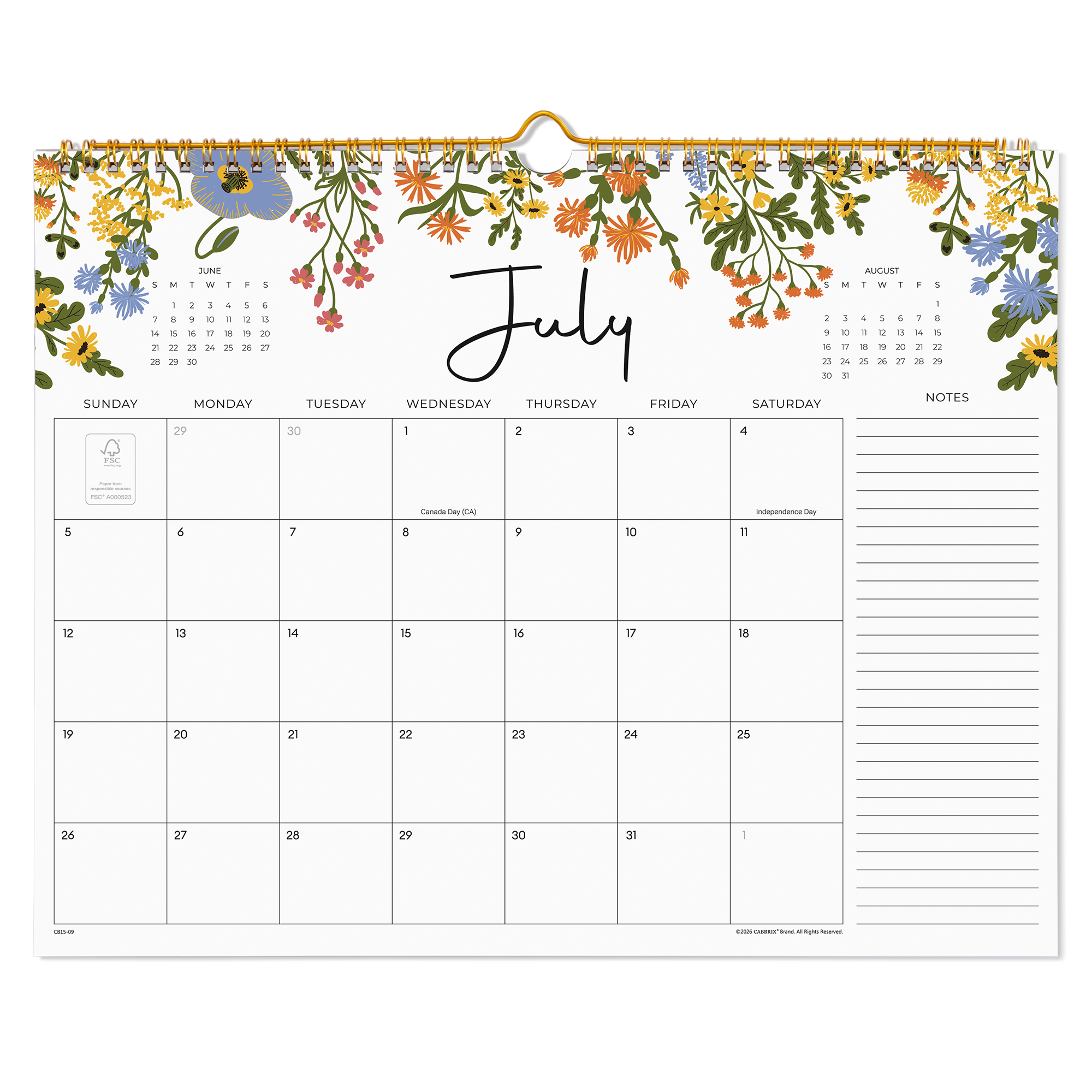 Cabbrix 2026-2027 Wall Calendar, Twin-Wire Binding, 15"L×12"W, Floral Elements