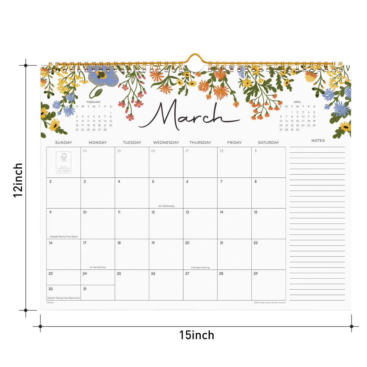 Cabbrix 2027-2028 Wall Calendar, Twin-Wire Binding, 15"L×12"W, Floral Elements