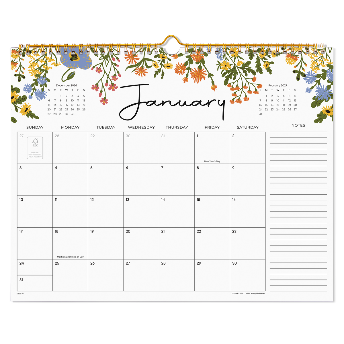 Cabbrix 2027-2028 Wall Calendar, Twin-Wire Binding, 15"L×12"W, Floral Elements