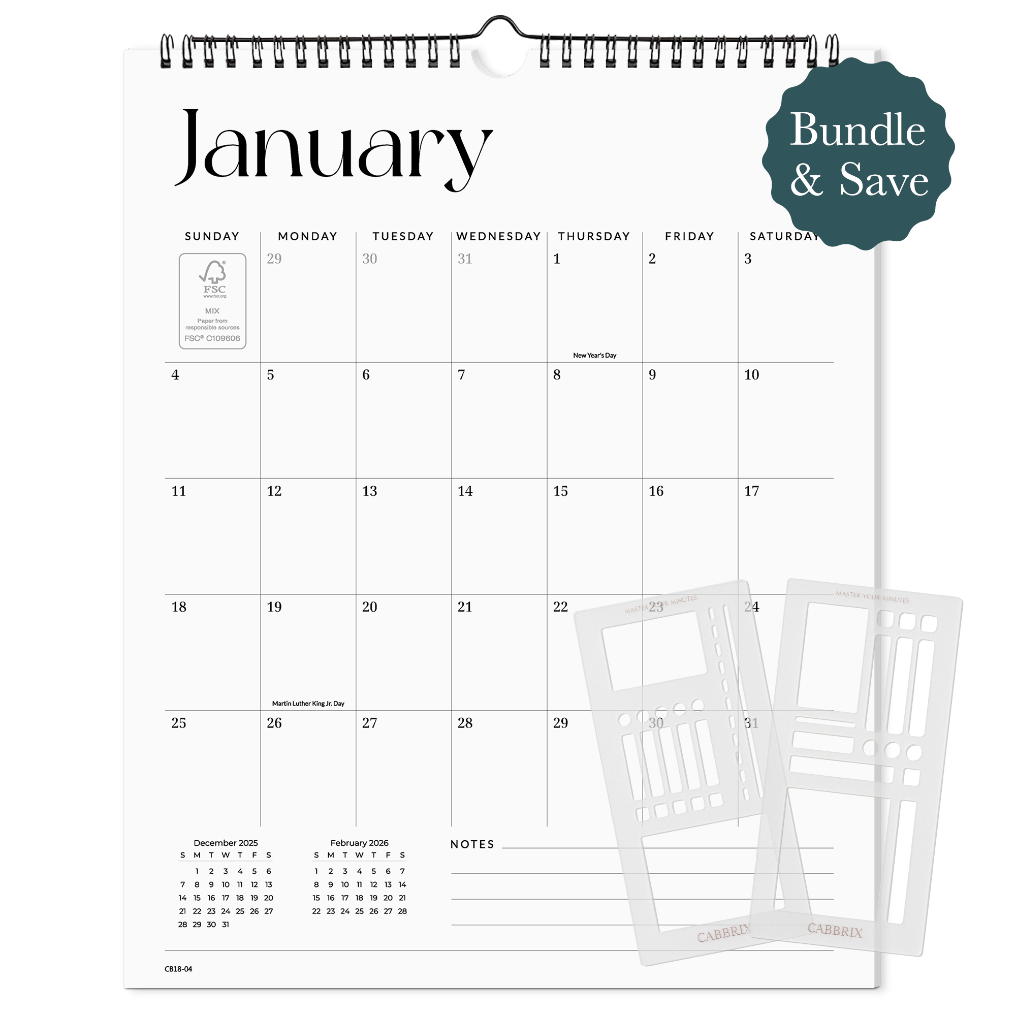 Planner Bundle, Cabbrix 2026-2027 Wall Calendar, Twin-Wire Binding, 12"L×15"W, Simple Design, With 2 Planner Stencil