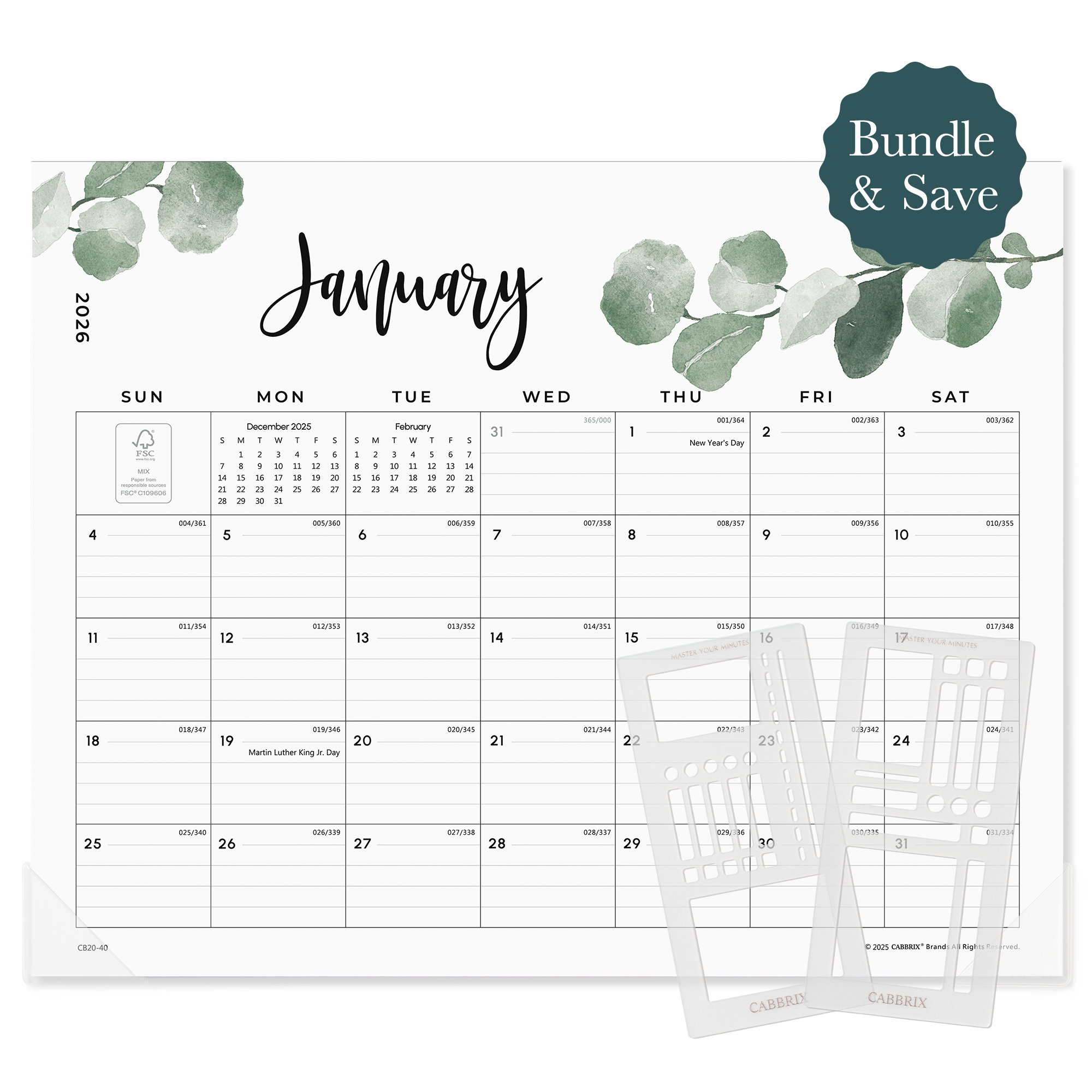 Planner Bundle, Cabbrix 2026-2027 Magnetic Calendar for Fridge, Botanical Elements, With 2 Planner Stencil