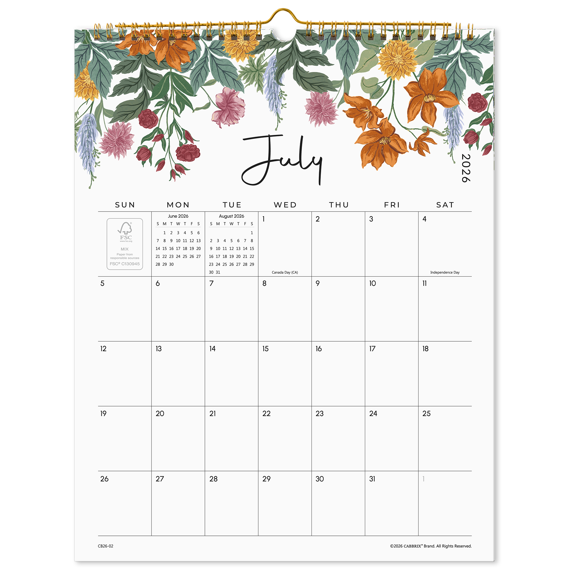 Cabbrix 2026-27 Wall Calendar, Twin-Wire Binding, 11"L×9"W, Vine Poem
