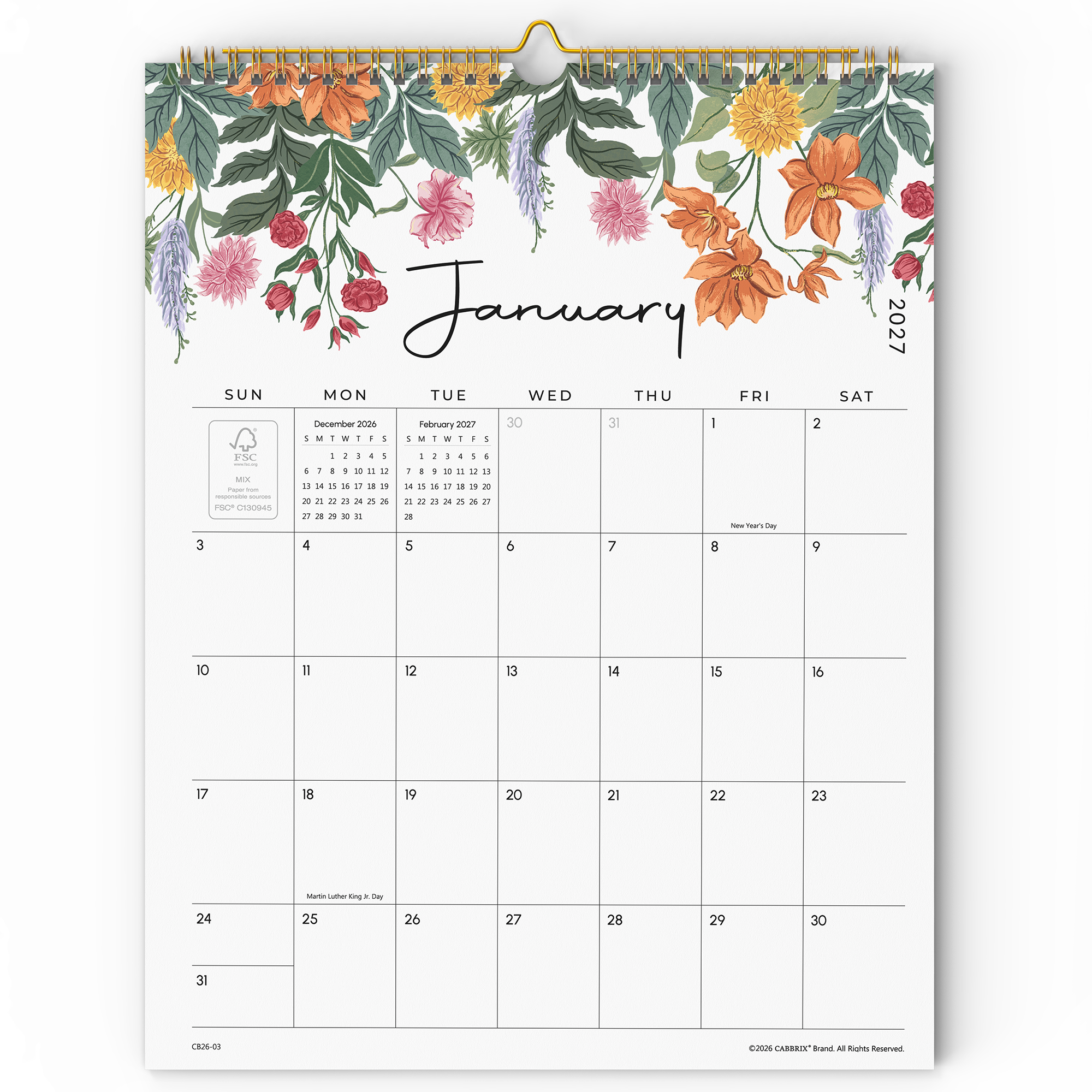 Cabbrix 2027-28 Wall Calendar, Twin-Wire Binding, 12"L×15"W, Vine Poem