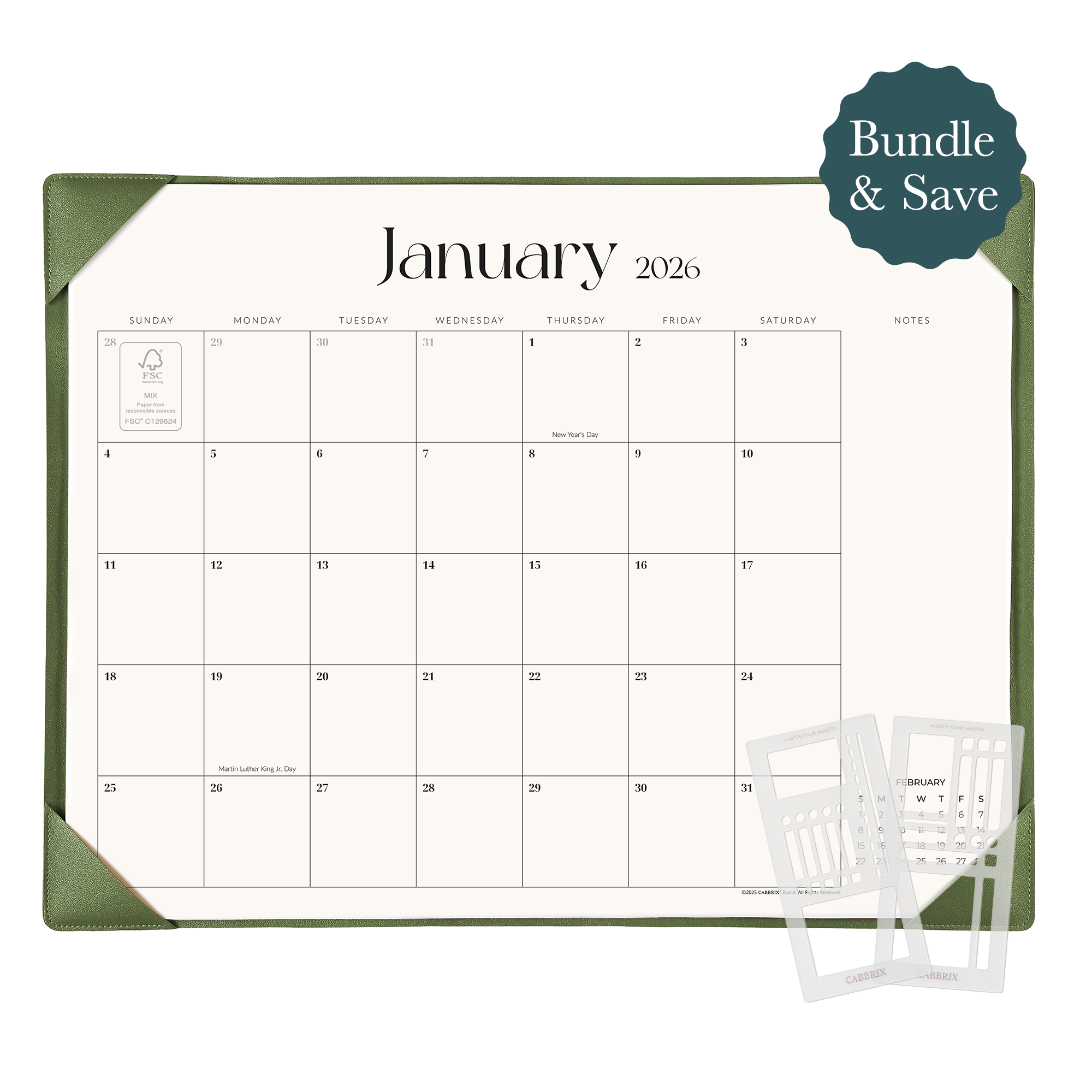 Planner Bundle, Cabbrix 2026-2027 Desk Calendar, 21"L×17"W, Simplified Style, Green, With 2 Planner Stencil