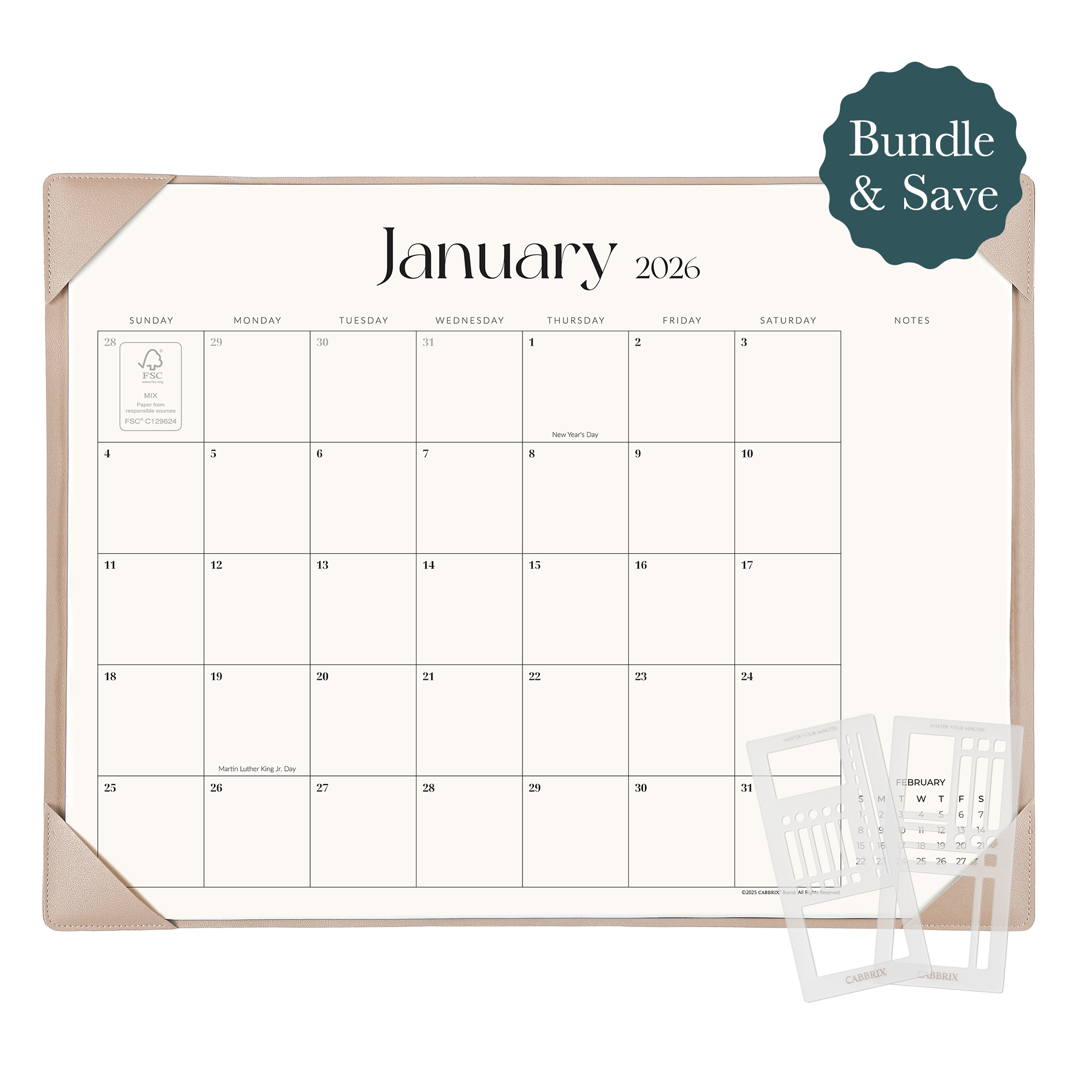 Planner Bundle, Cabbrix 2026-2027 Desk Calendar, 21"L×17"W, Simplified Style, Apricot, With 2 Planner Stencil