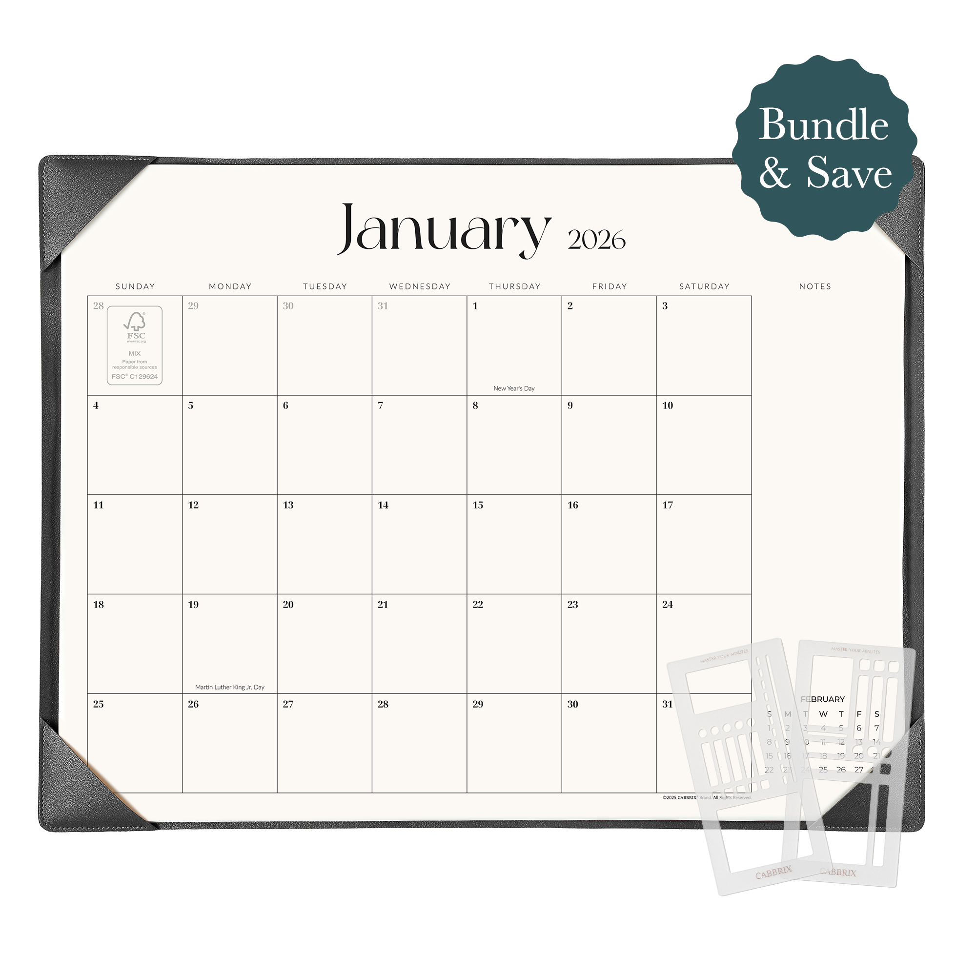 Planner Bundle, Cabbrix 2026-2027 Desk Calendar, 21"L×17"W, Simplified Style, Black, With 2 Planner Stencil
