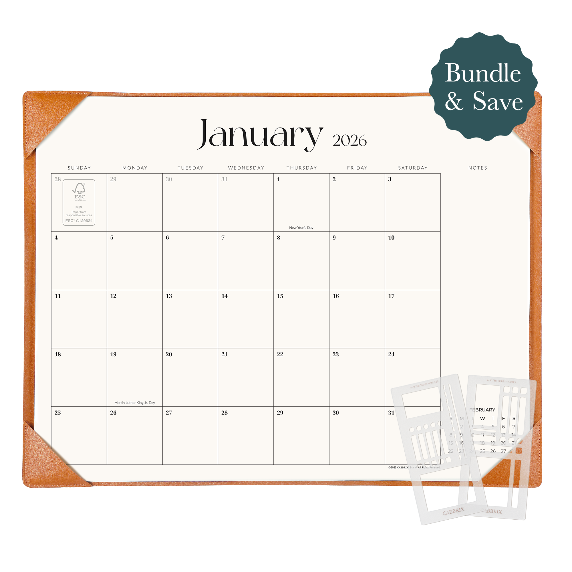 Planner Bundle, Cabbrix 2026-2027 Desk Calendar, 21"L×17"W, Simplified Style, Brown, With 2 Planner Stencil