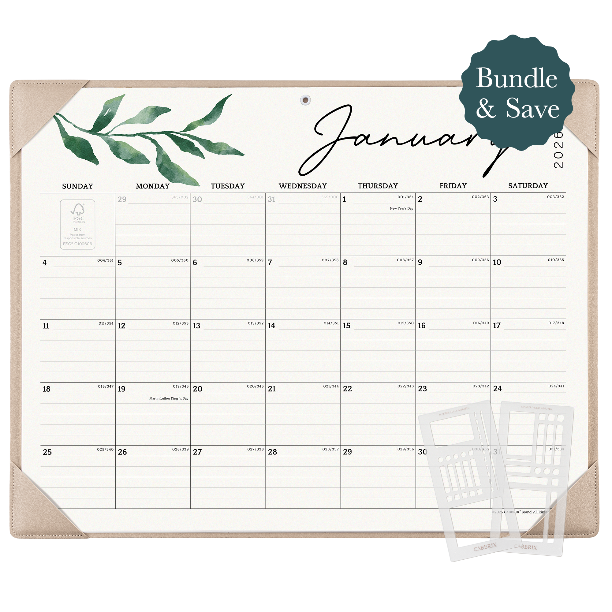 Planner Bundle, Cabbrix 2026-2027 Desk Calendar, 21"L×17"W, Green Leaves, Apricot, With 2 Planner Stencil