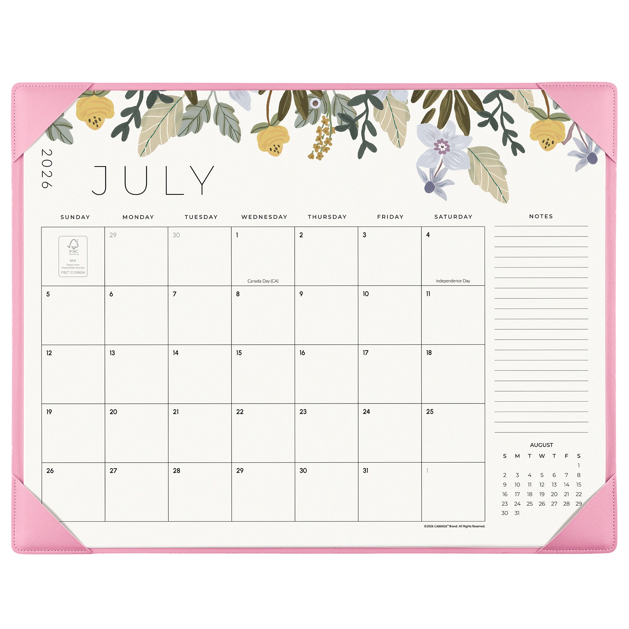 Cabbrix 2026-2027 Desk Calendar, 21"L×17"W, Floral Elements, Pink
