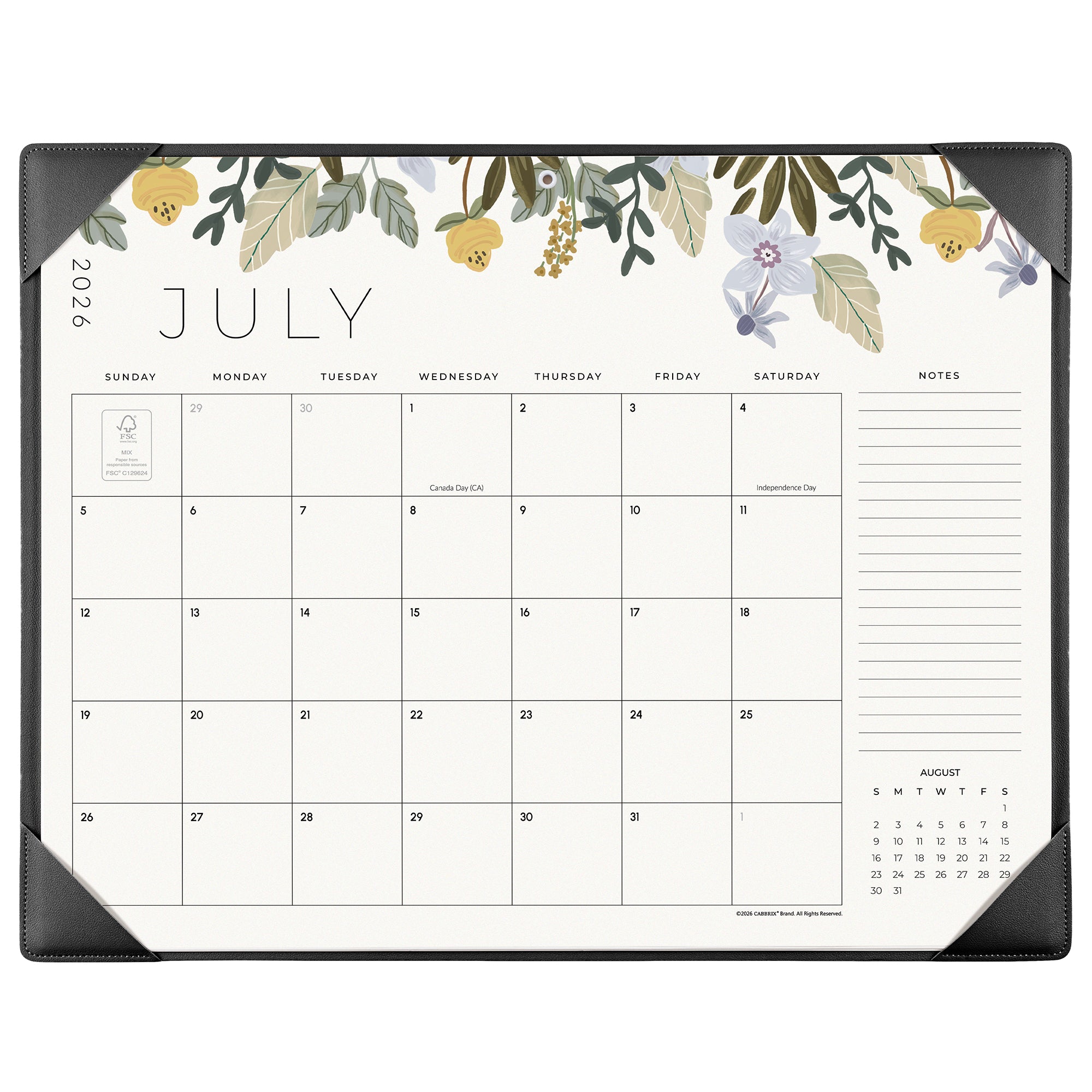 Cabbrix 2026-2027 Desk Calendar, 21"L×17"W, Floral Elements, Black