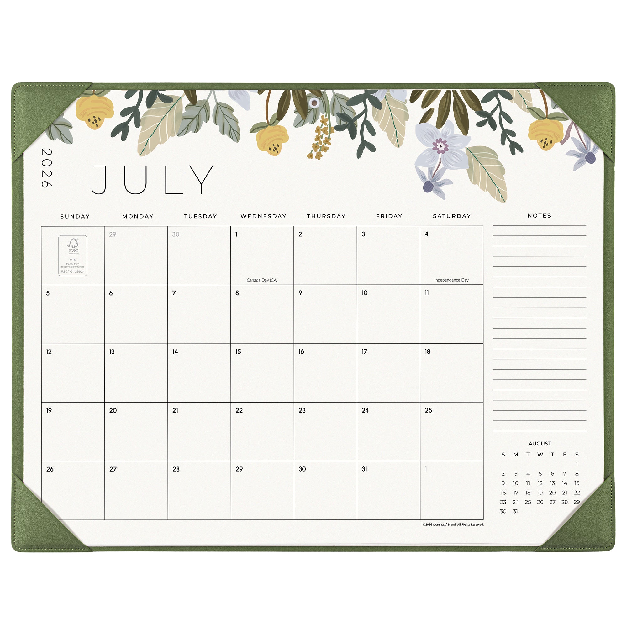 Cabbrix 2026-2027 Desk Calendar, 21"L×17"W, Floral Elements, Green