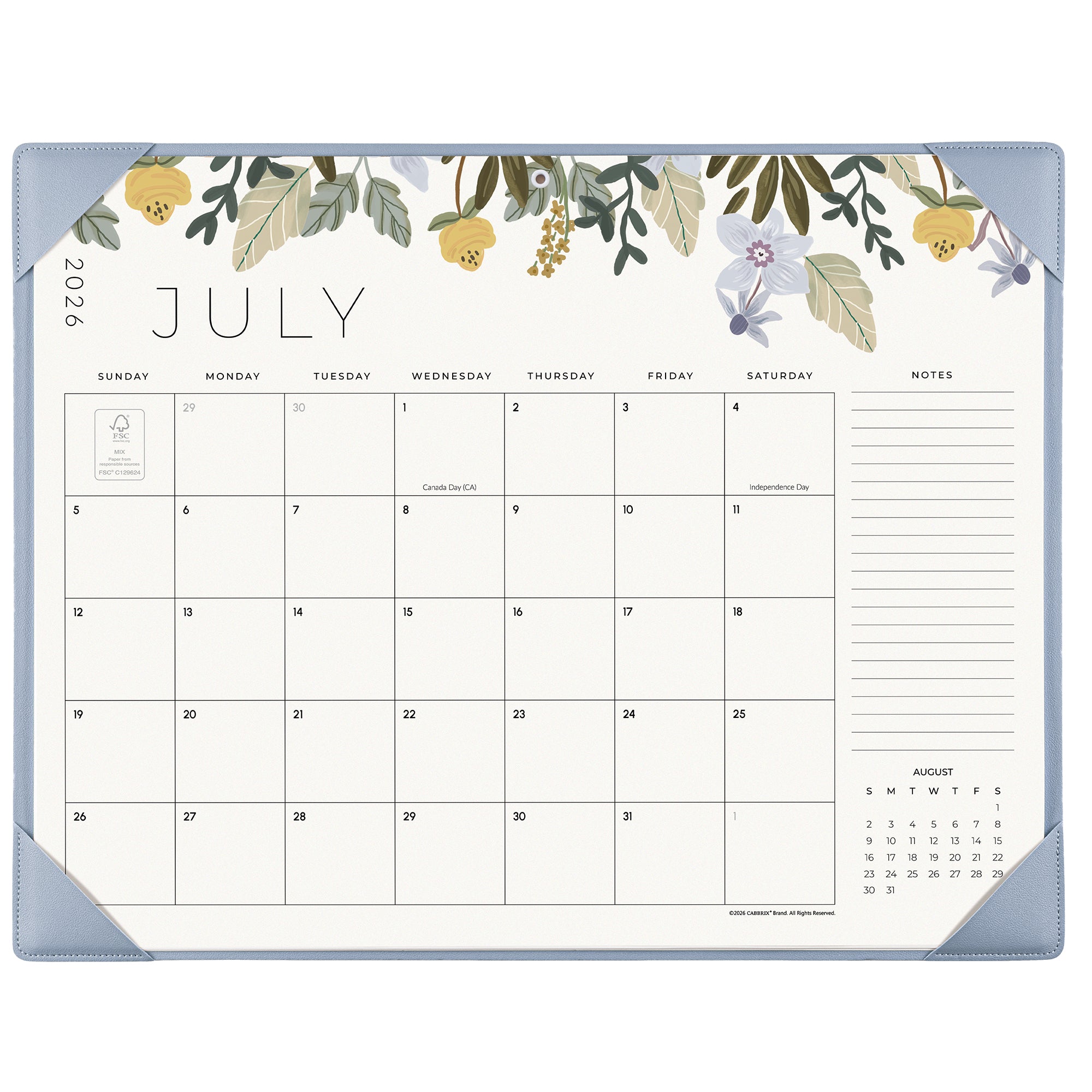 Cabbrix 2026-2027 Desk Calendar, 21"L×17"W, Floral Elements, Blue