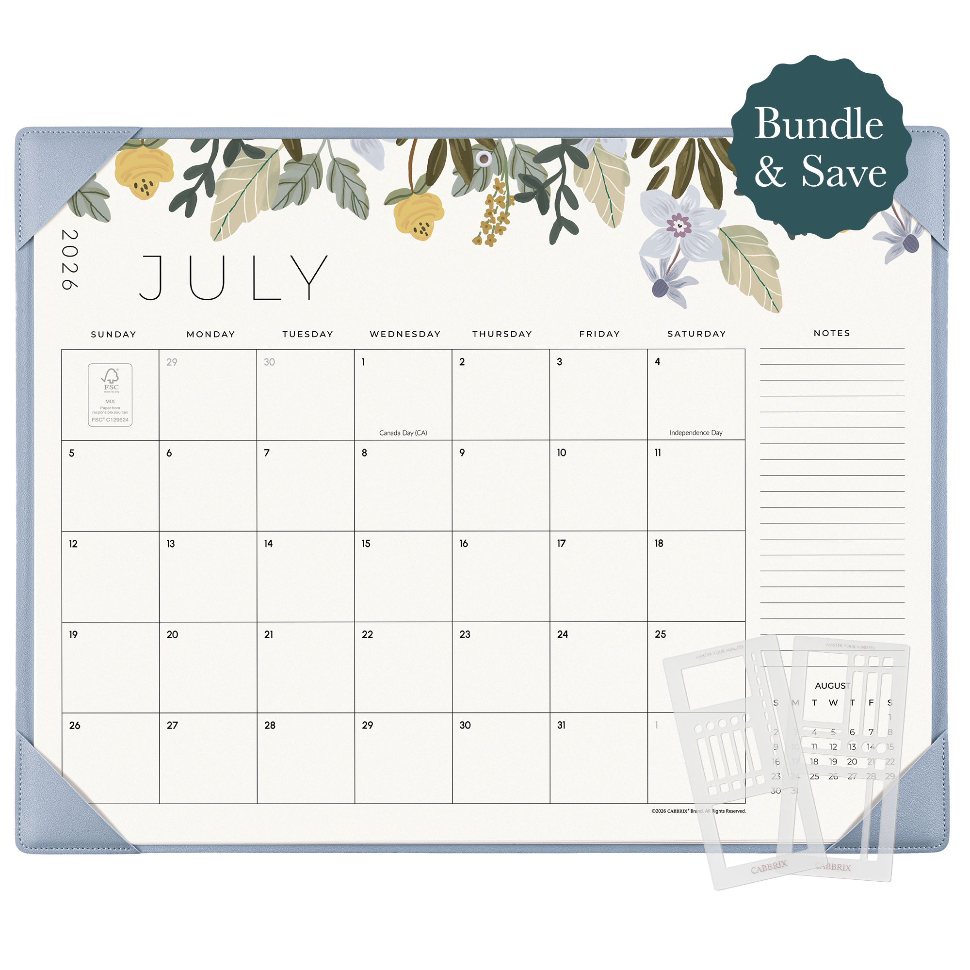 Planner Bundle, Cabbrix 2026-2027 Desk Calendar, 21"L×17"W, Floral Elements, Blue, With 2 Planner Stencil