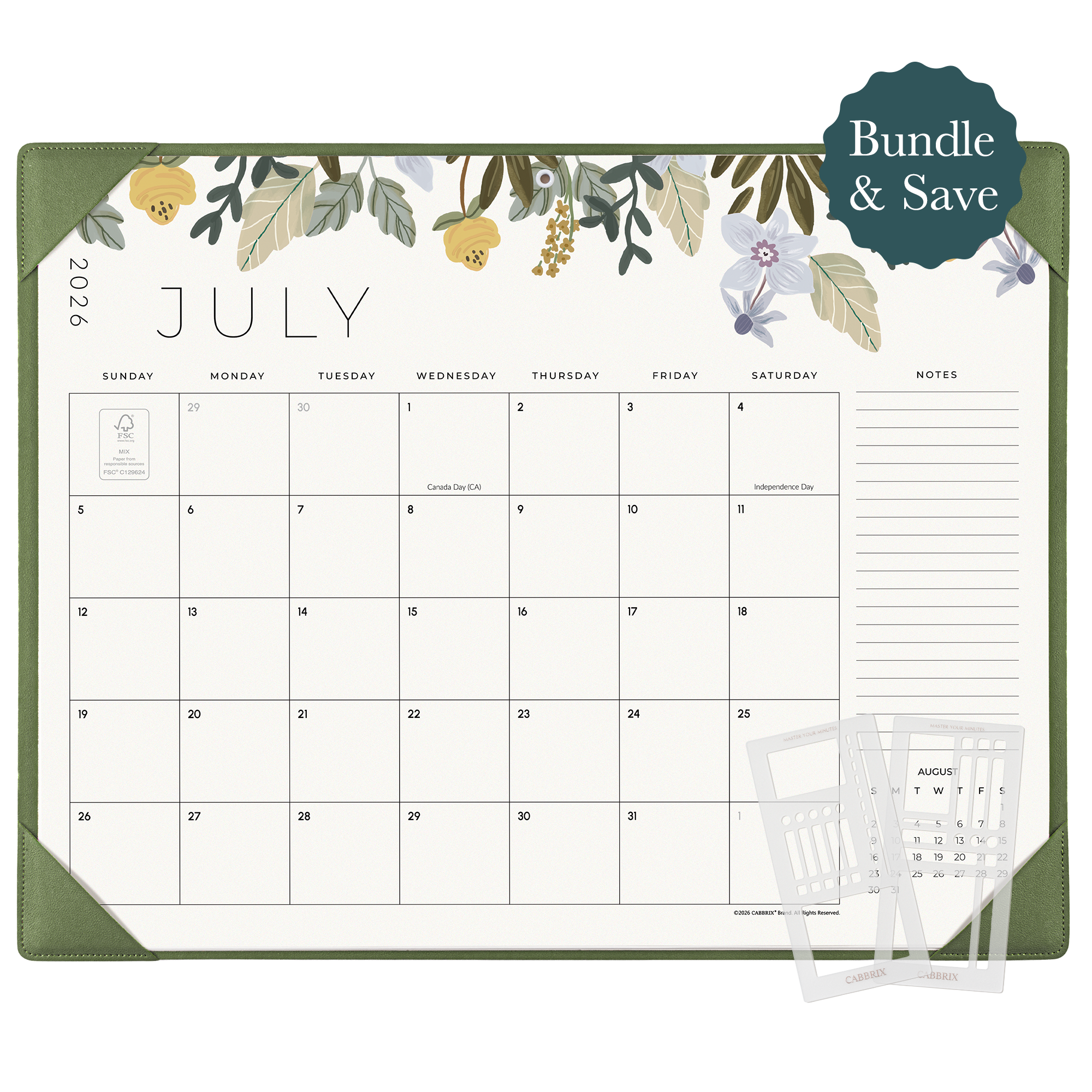 Planner Bundle, Cabbrix 2026-2027 Desk Calendar, 21"L×17"W, Floral Elements, Green, With 2 Planner Stencil