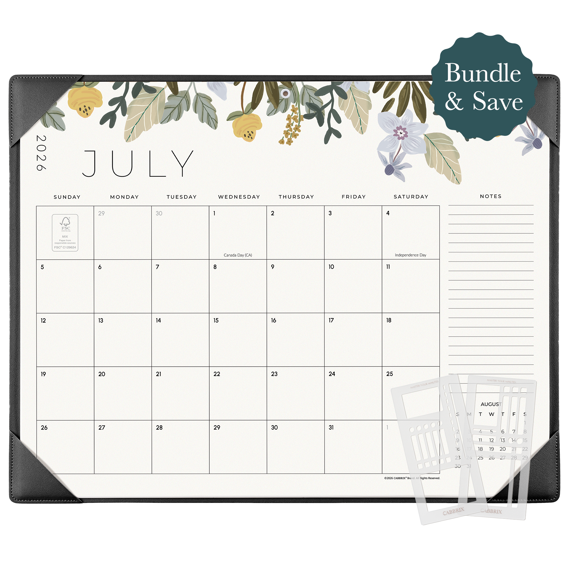 Planner Bundle, Cabbrix 2026-2027 Desk Calendar, 21"L×17"W, Floral Elements, Black, With 2 Planner Stencil