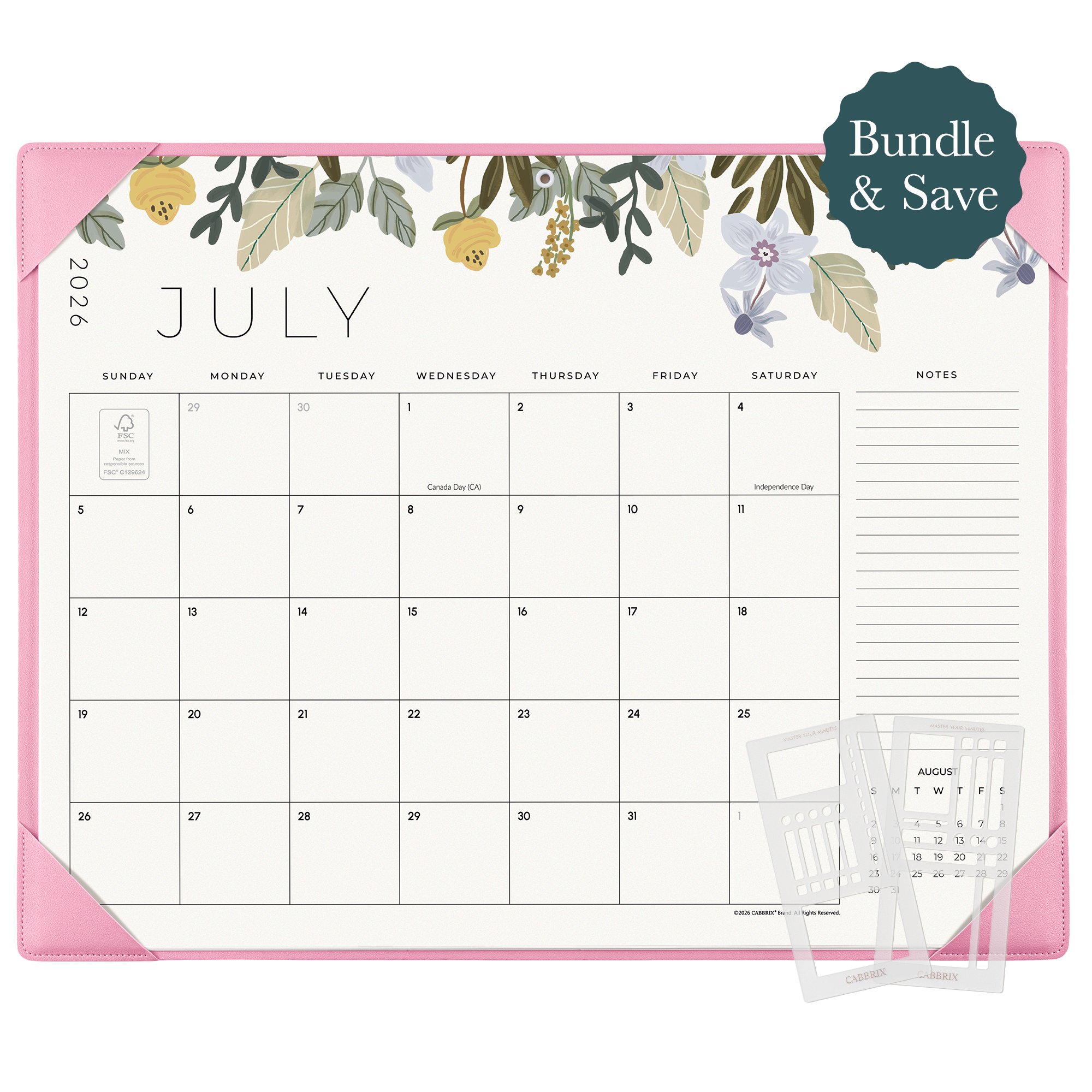 Planner Bundle, Cabbrix 2026-2027 Desk Calendar, 21"L×17"W, Floral Elements, Pink, With 2 Planner Stencil
