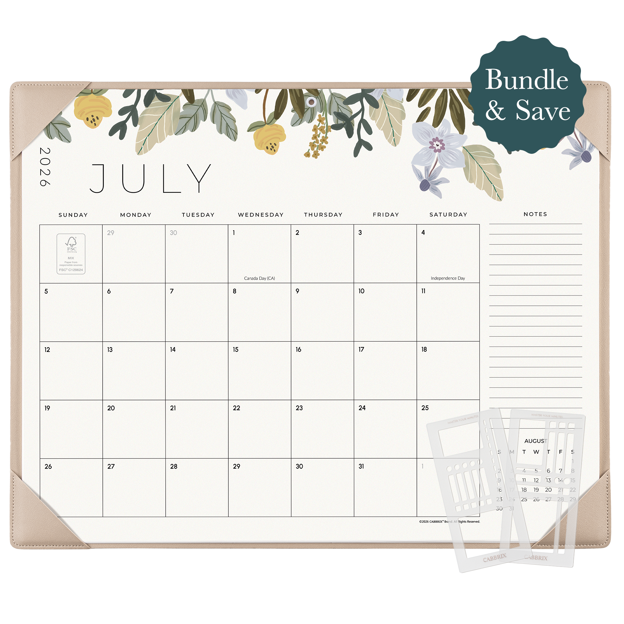 Planner Bundle, Cabbrix 2026-2027 Desk Calendar, 21"L×17"W, Floral Elements, Apricot, With 2 Planner Stencil