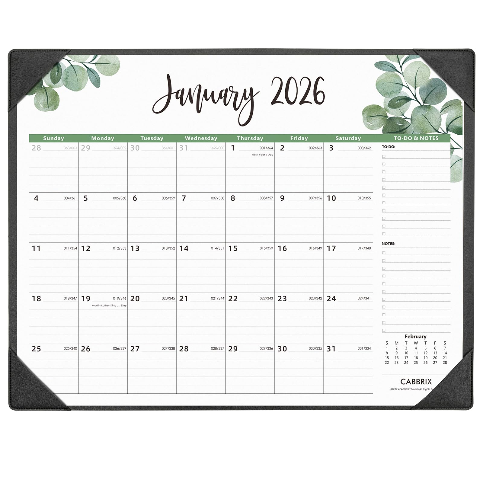 Calendar for January 2026 with decorative elements and Cabbrix branding.