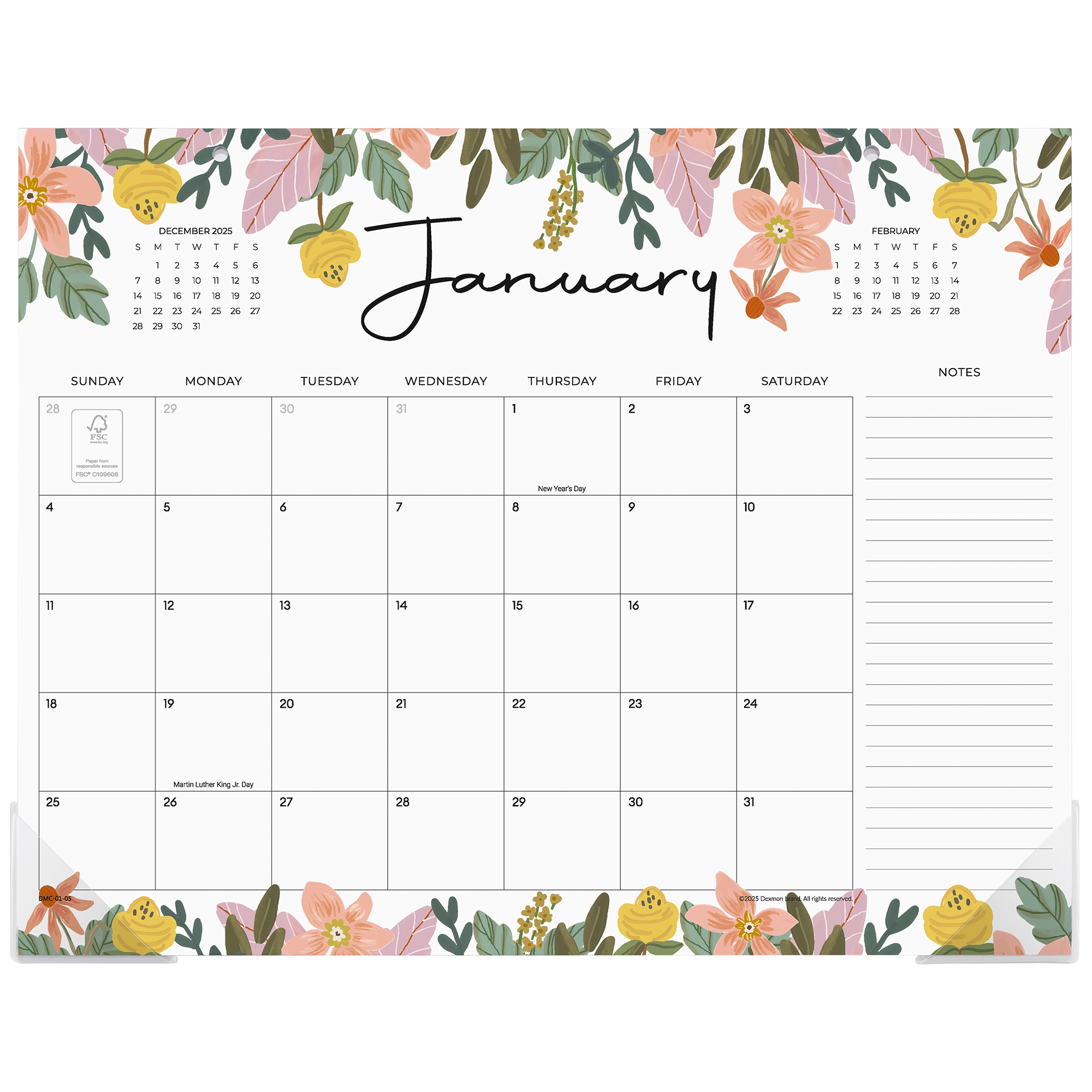 Floral-themed calendar with January on a white background