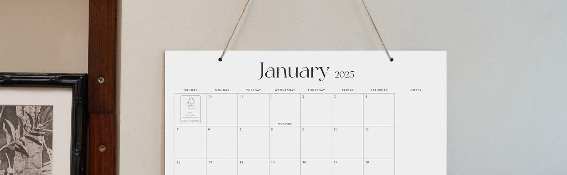 Calendar for January 2025 hanging on a wall