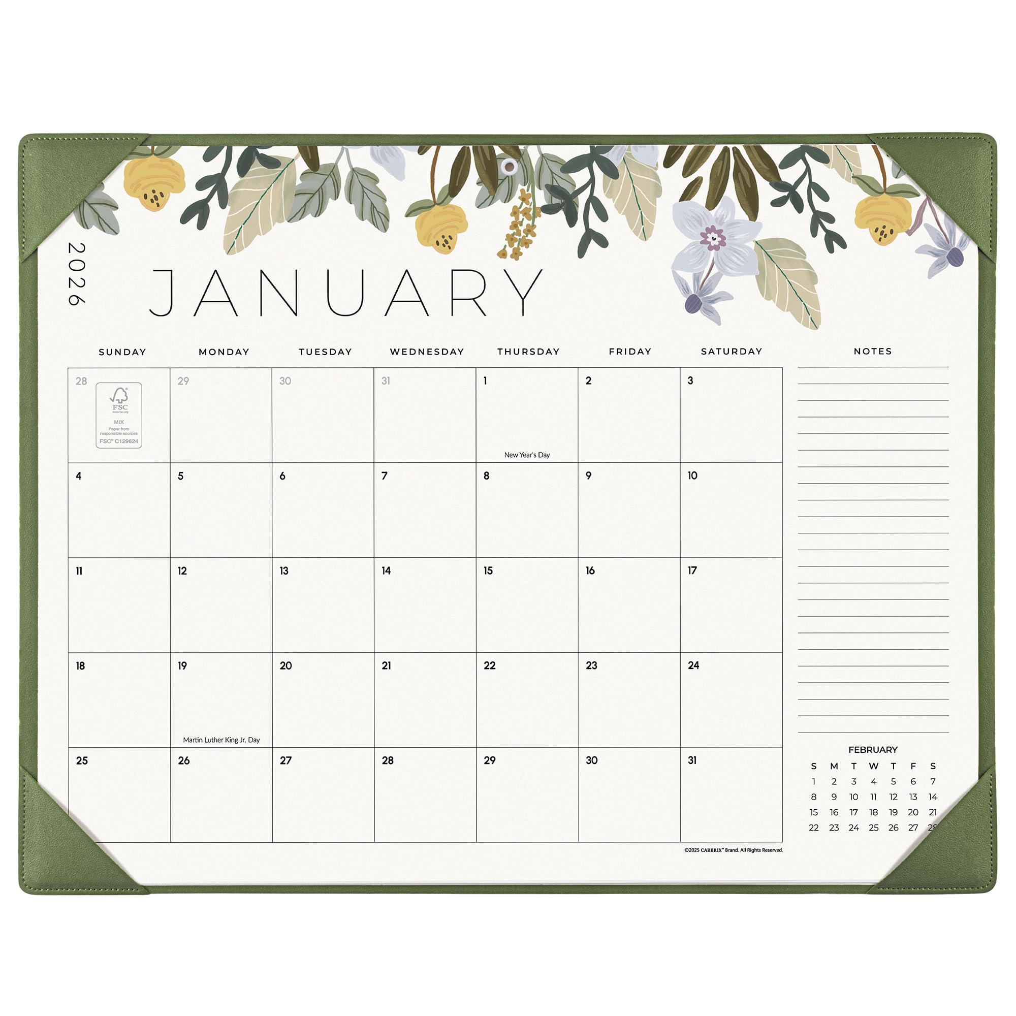 Floral-themed calendar for January with a green border