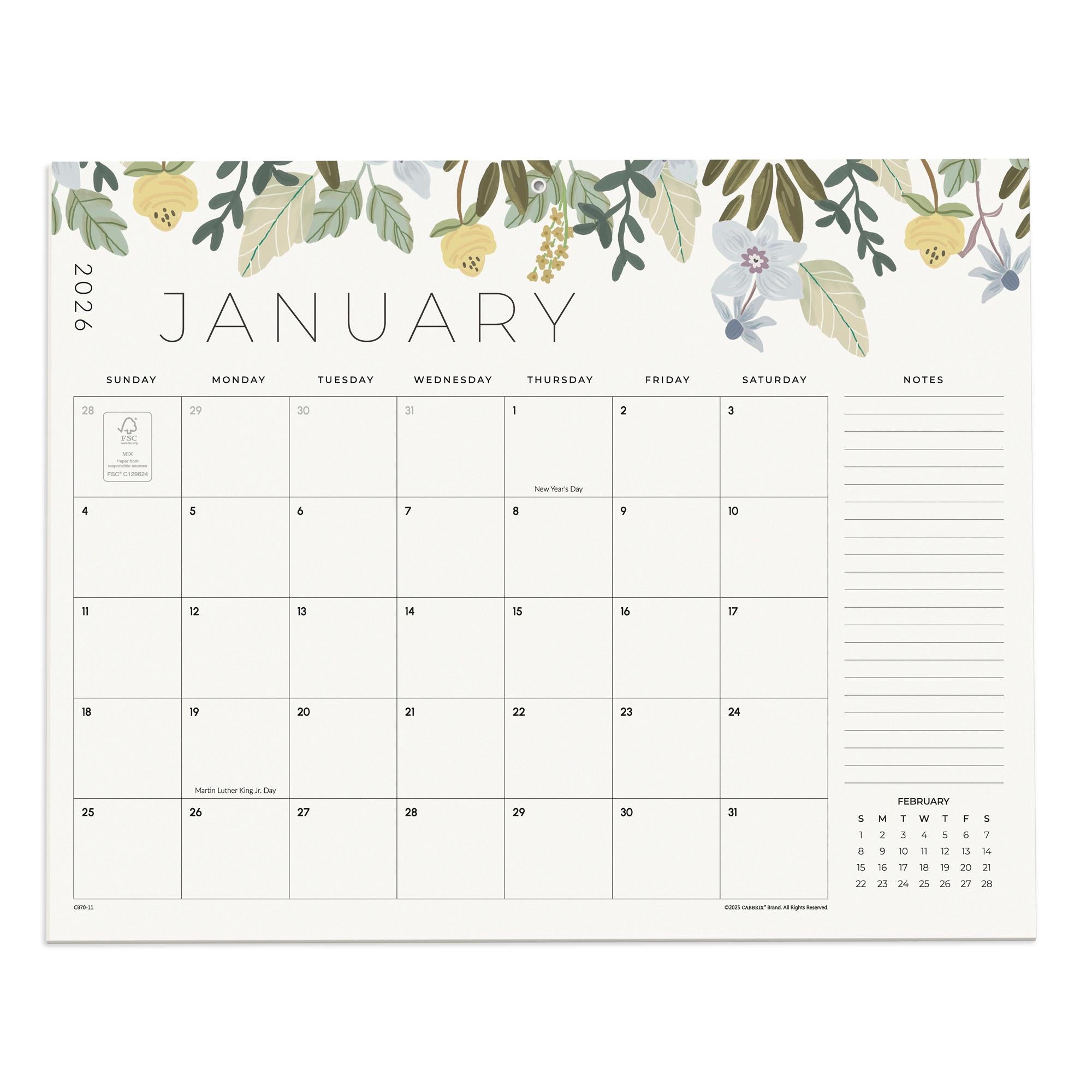 Floral-themed January calendar on a white background