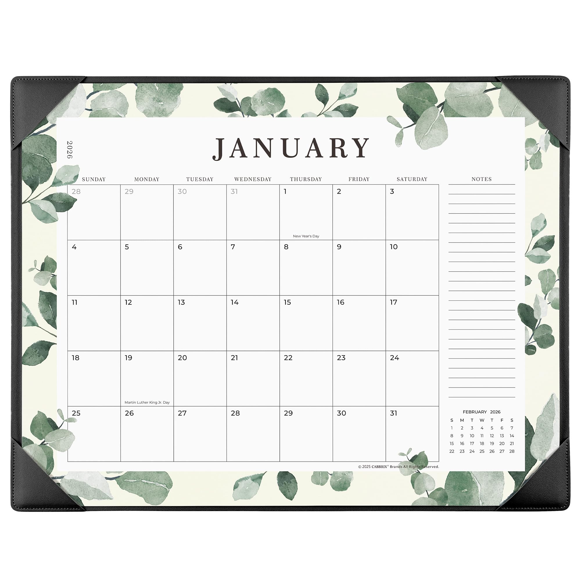 Calendar with green leaf design on a white background