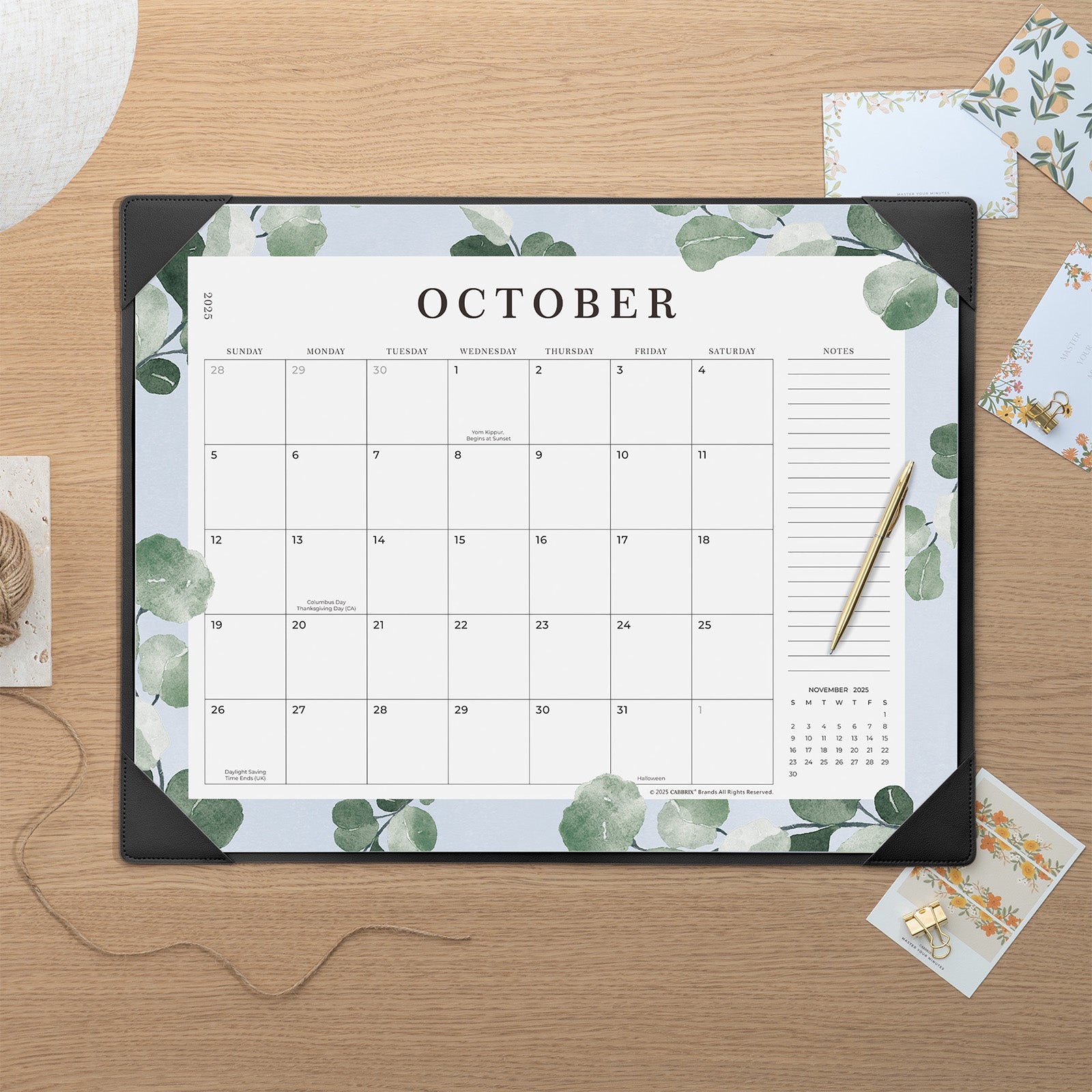 Cabbrix 2025-2026 Desk Calendar, Watercolor Leaves, Black