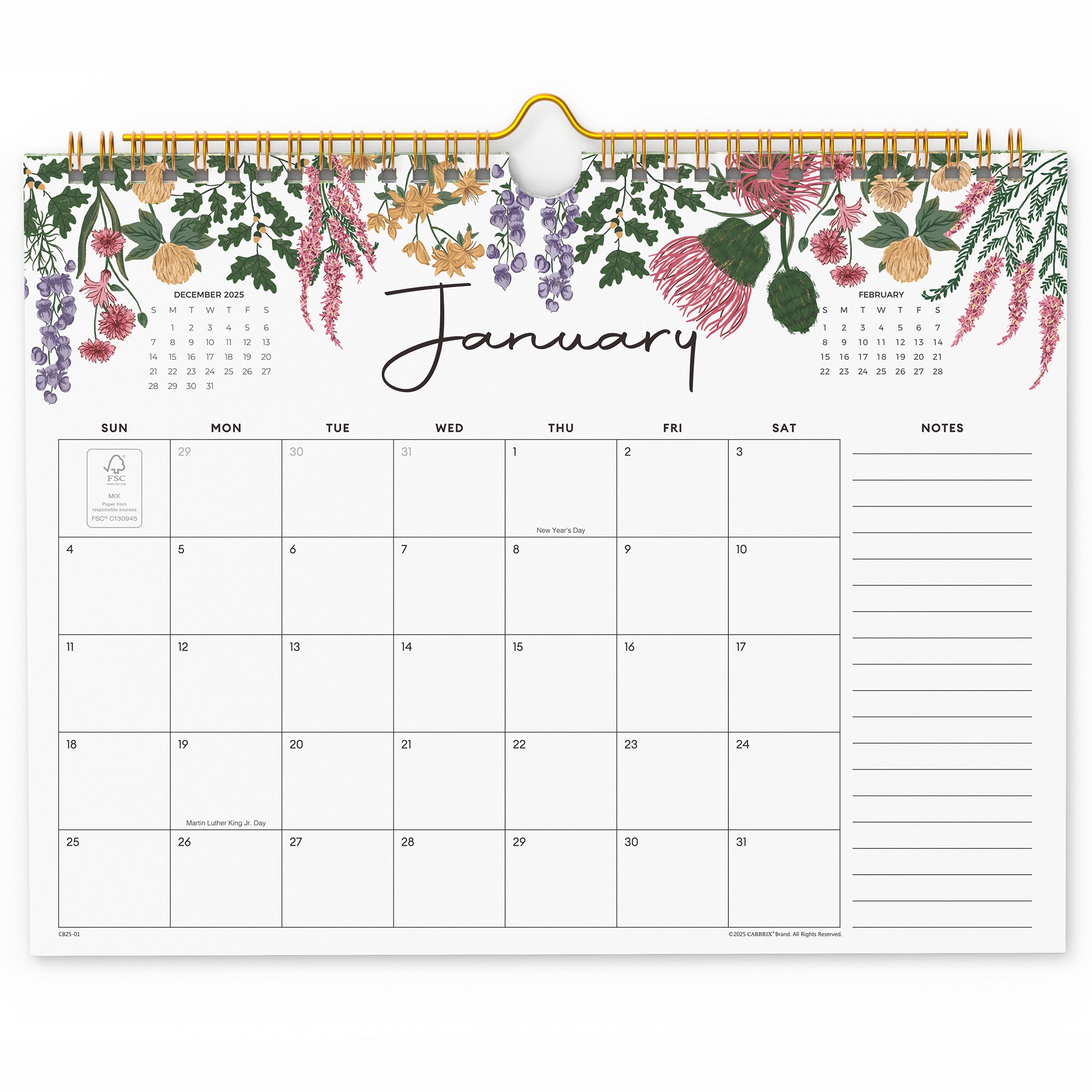 Floral-themed calendar with January on a white background