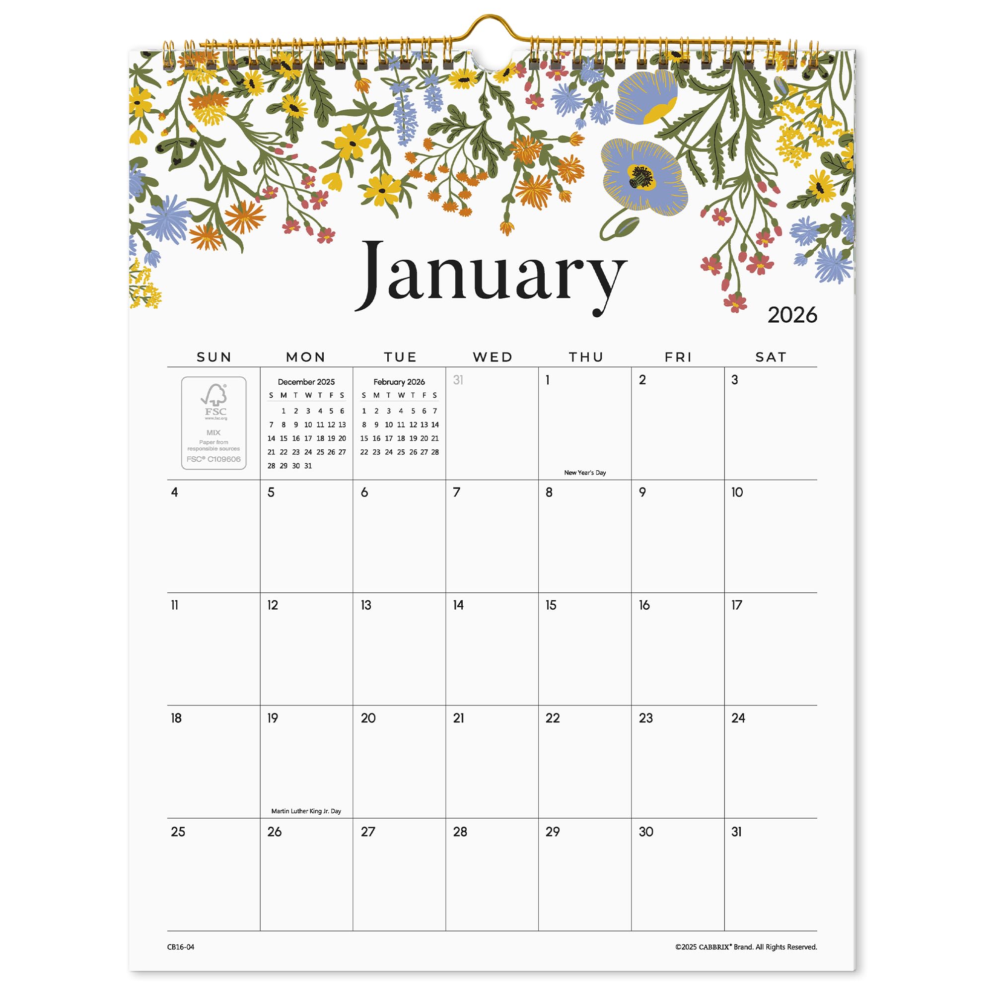 Calendar for January 2026 with floral design at the top