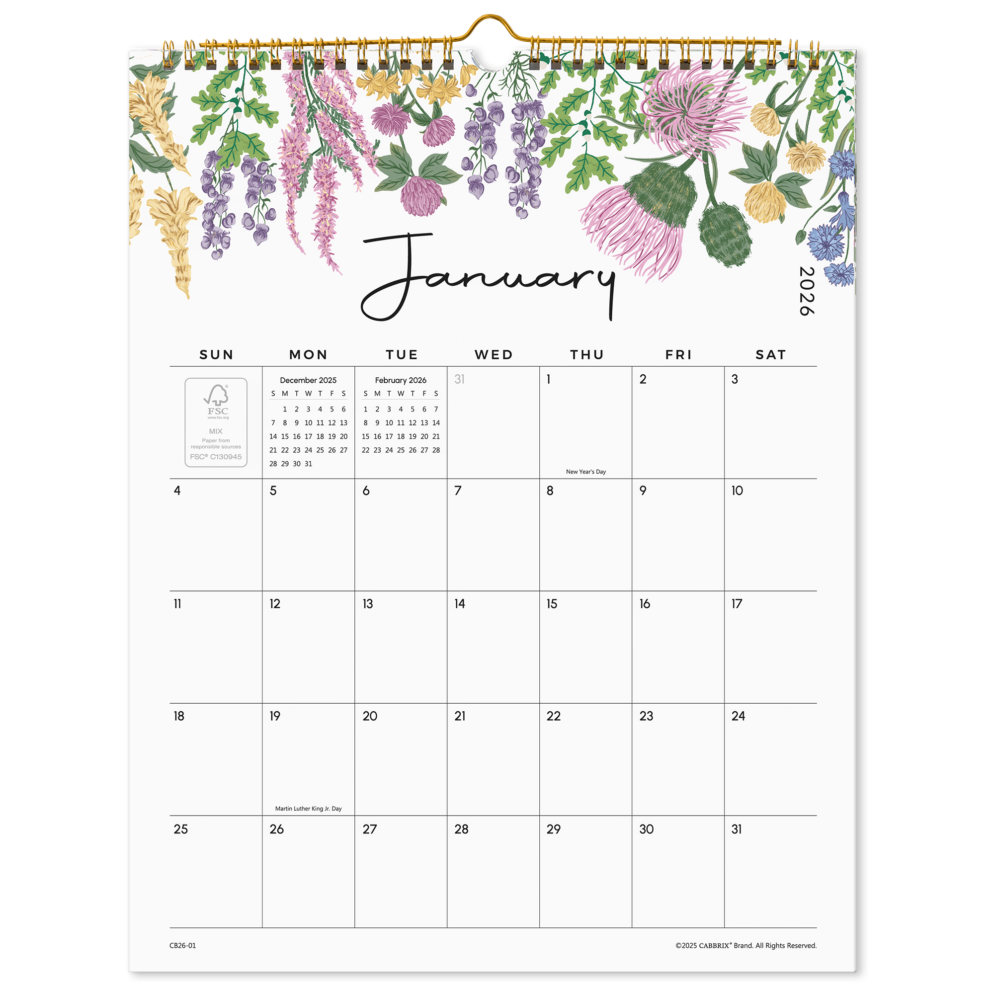 Floral-themed calendar for January 2026 with a white background