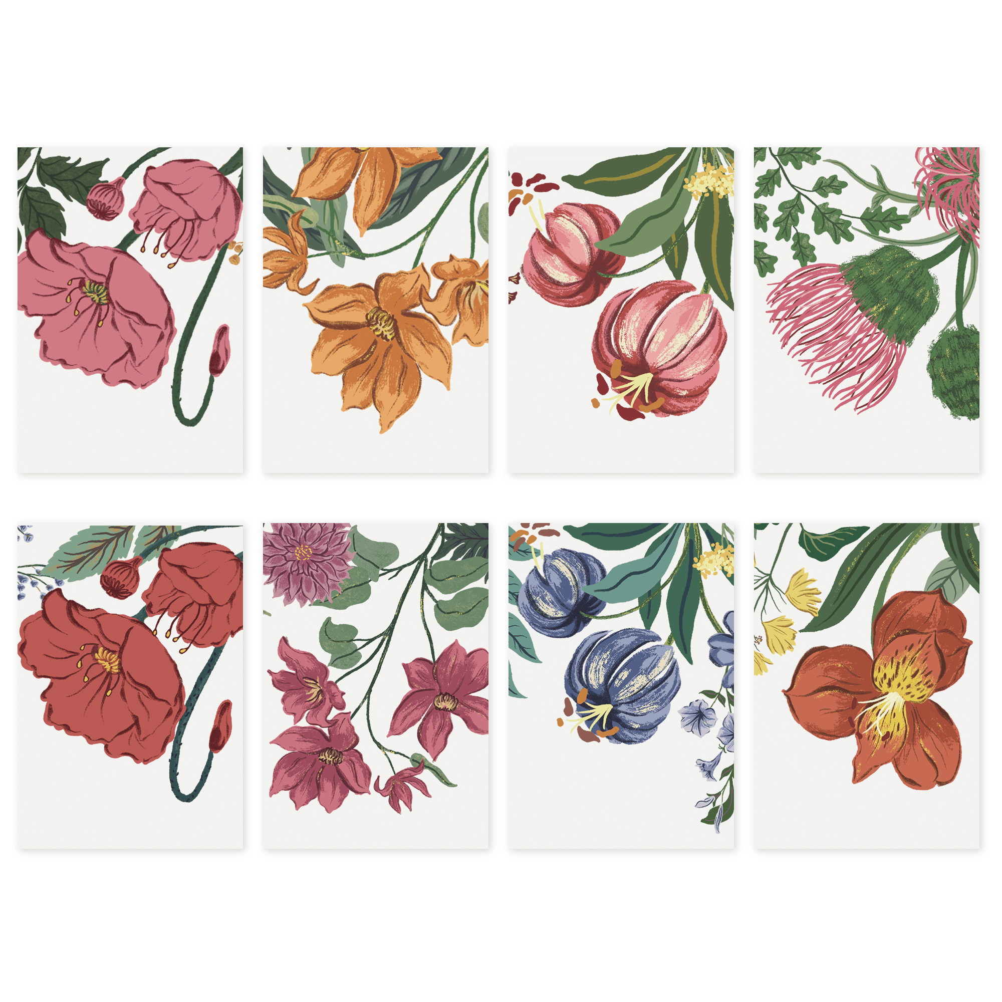Set of eight floral designs on a white background