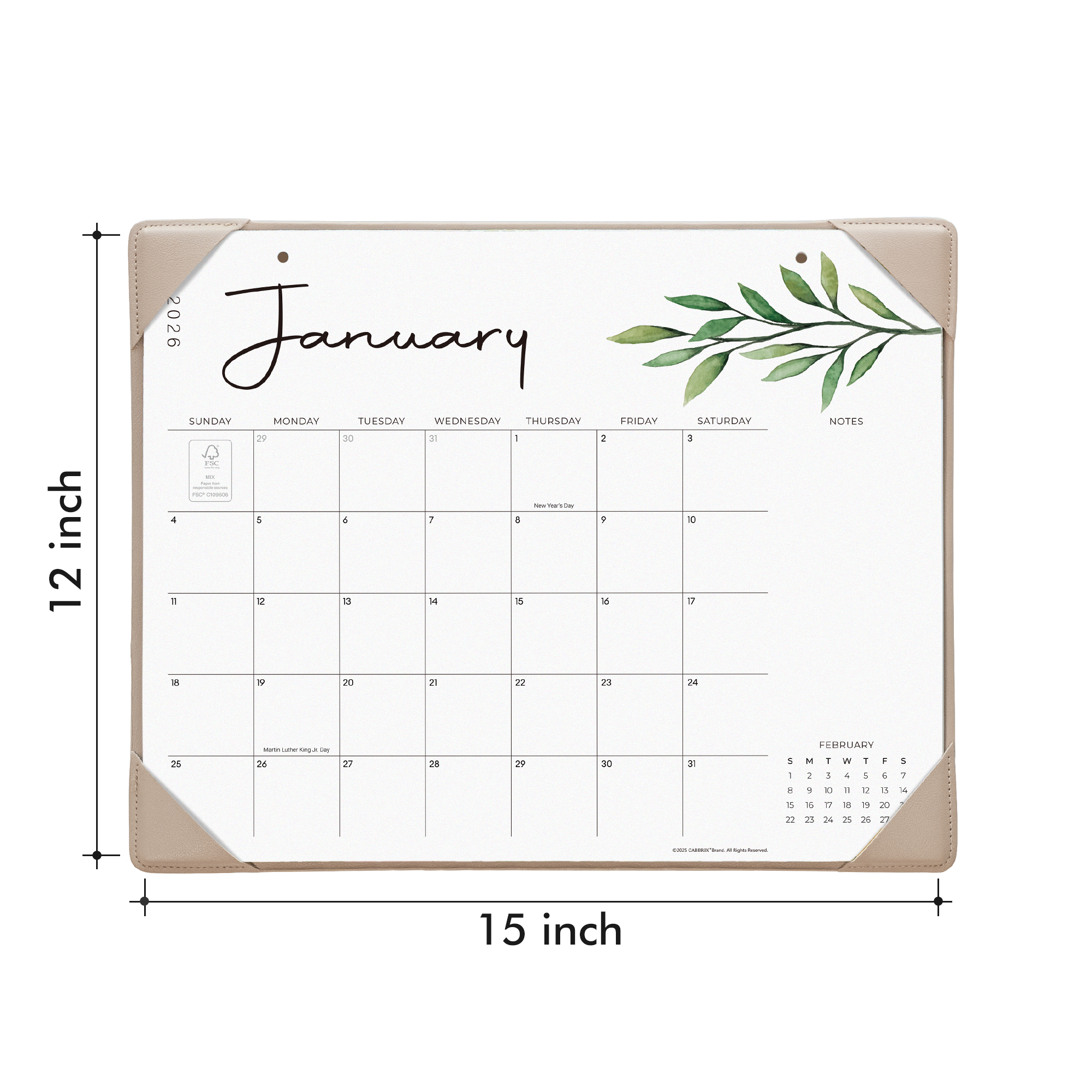 Calendar with dimensions labeled on a white background