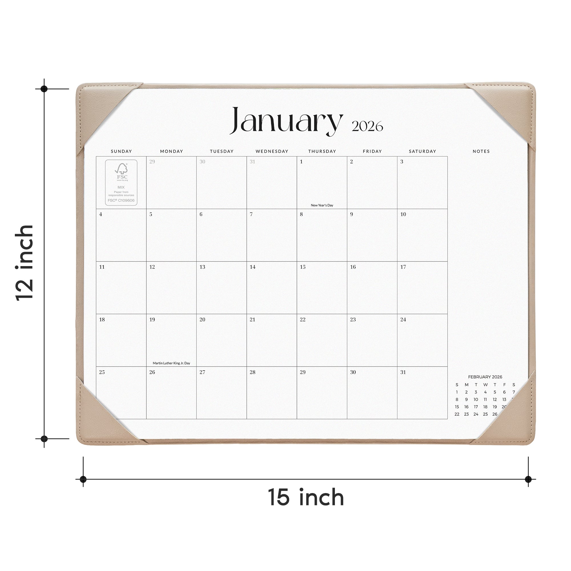 Calendar with dimensions labeled on a white background