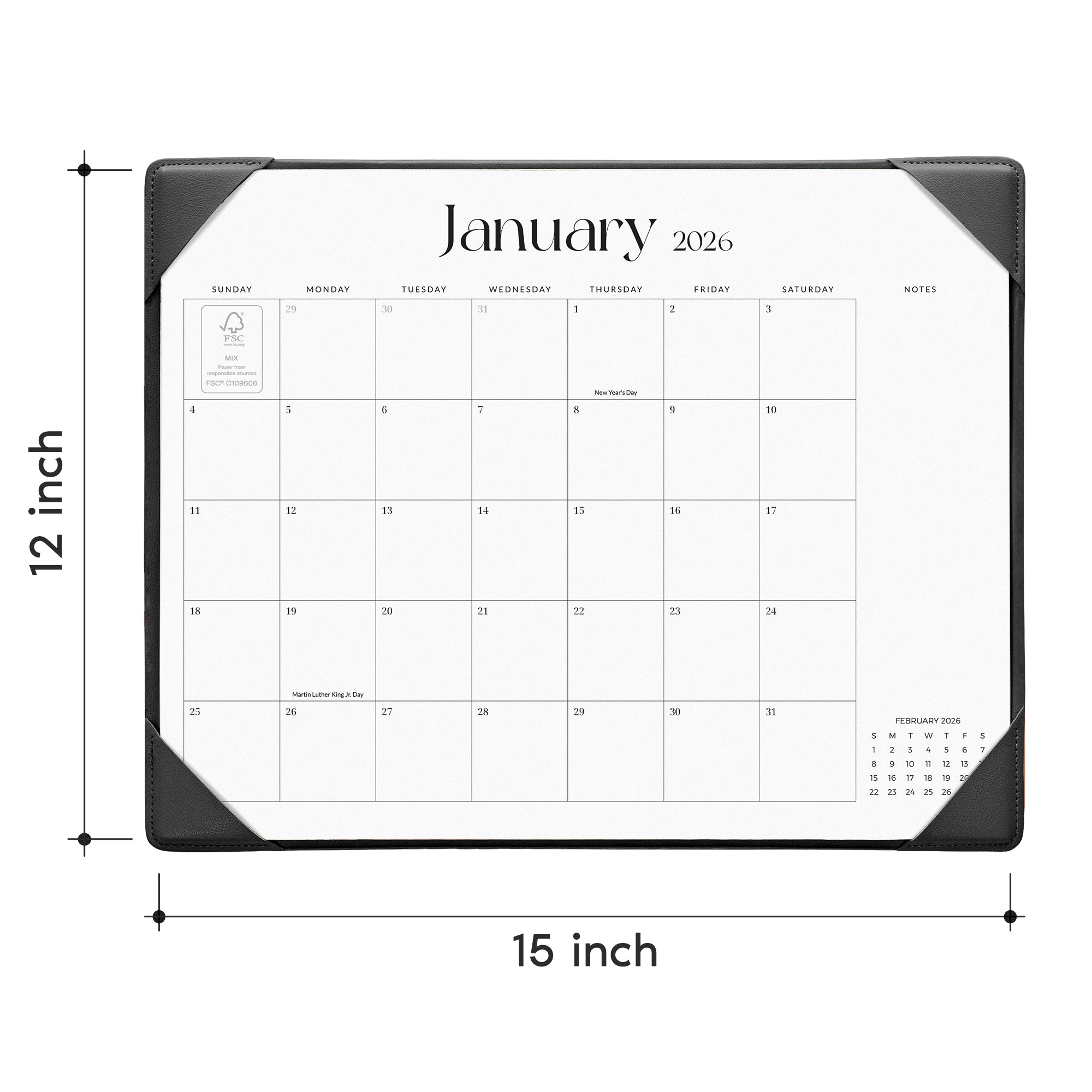 Calendar with dimensions labeled on a white background