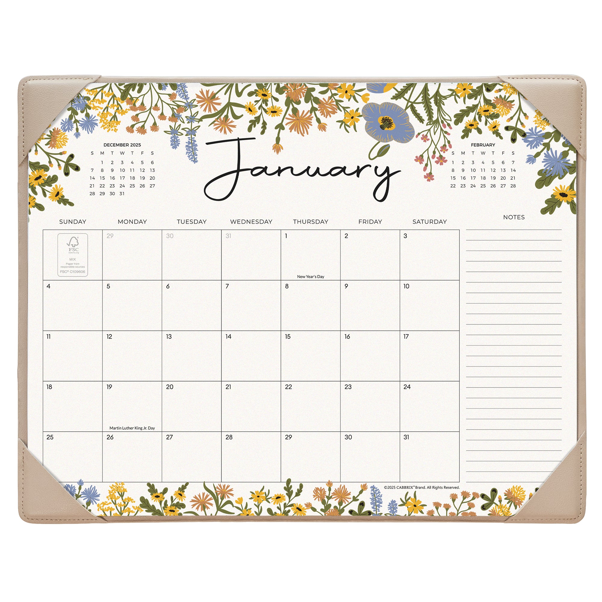 Calendar pad with floral design and January on a white background