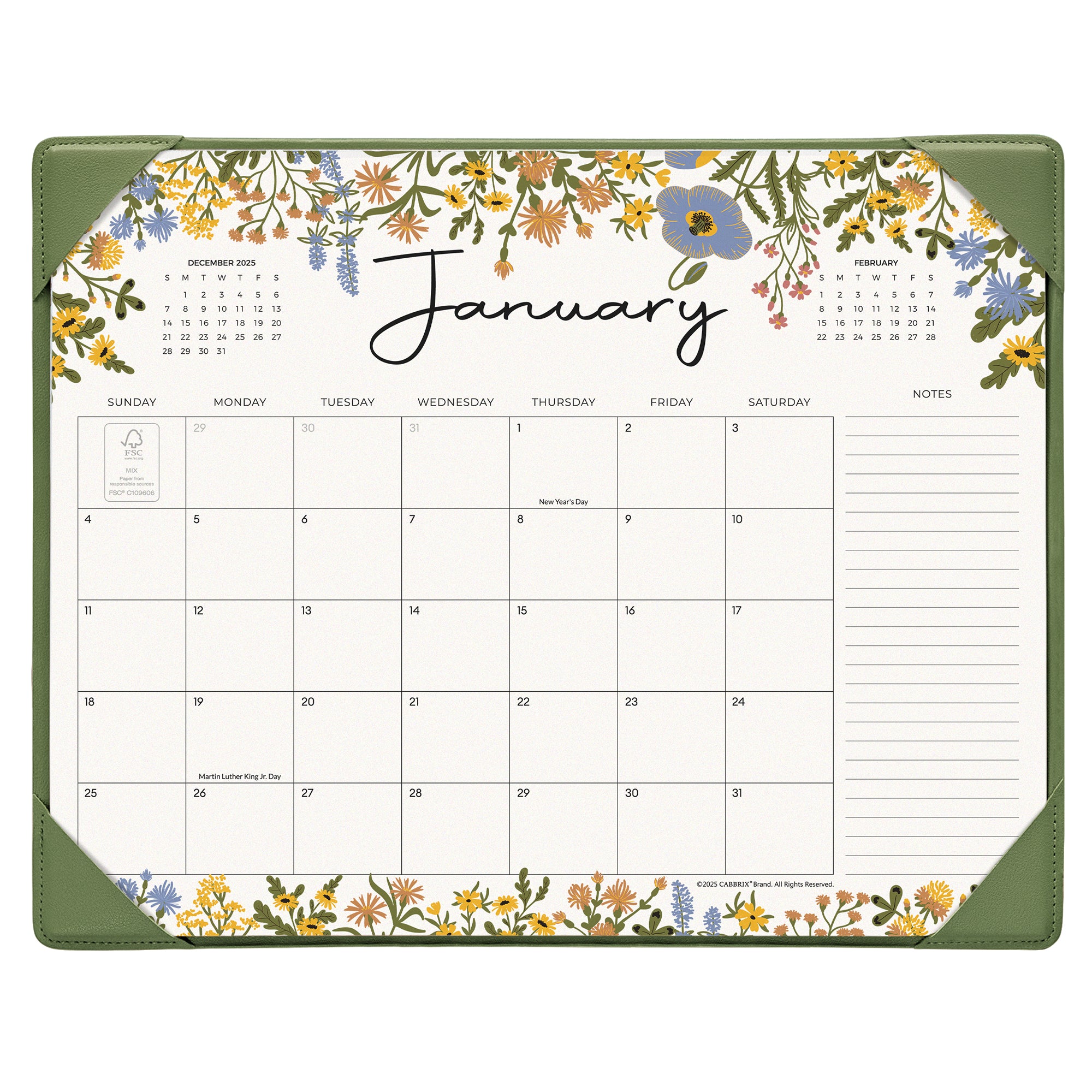 Floral border calendar with January on a white background