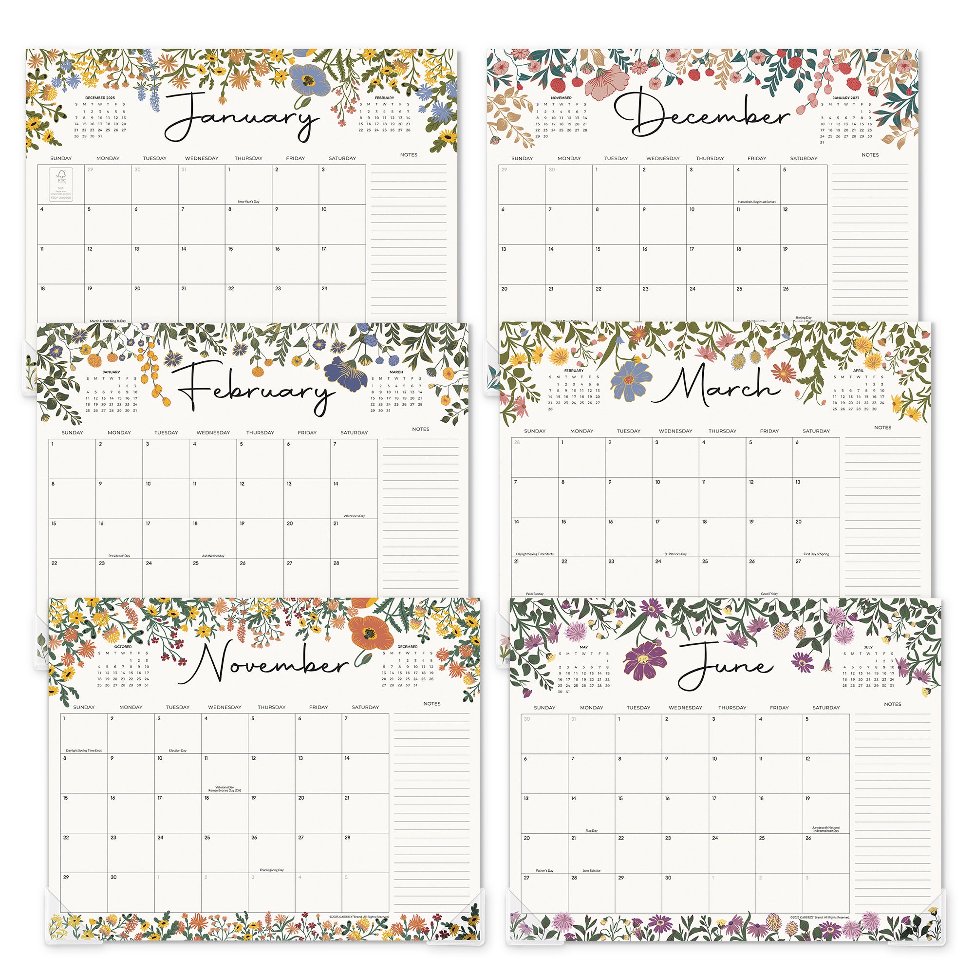 Floral-themed monthly calendar for January to December on a white background