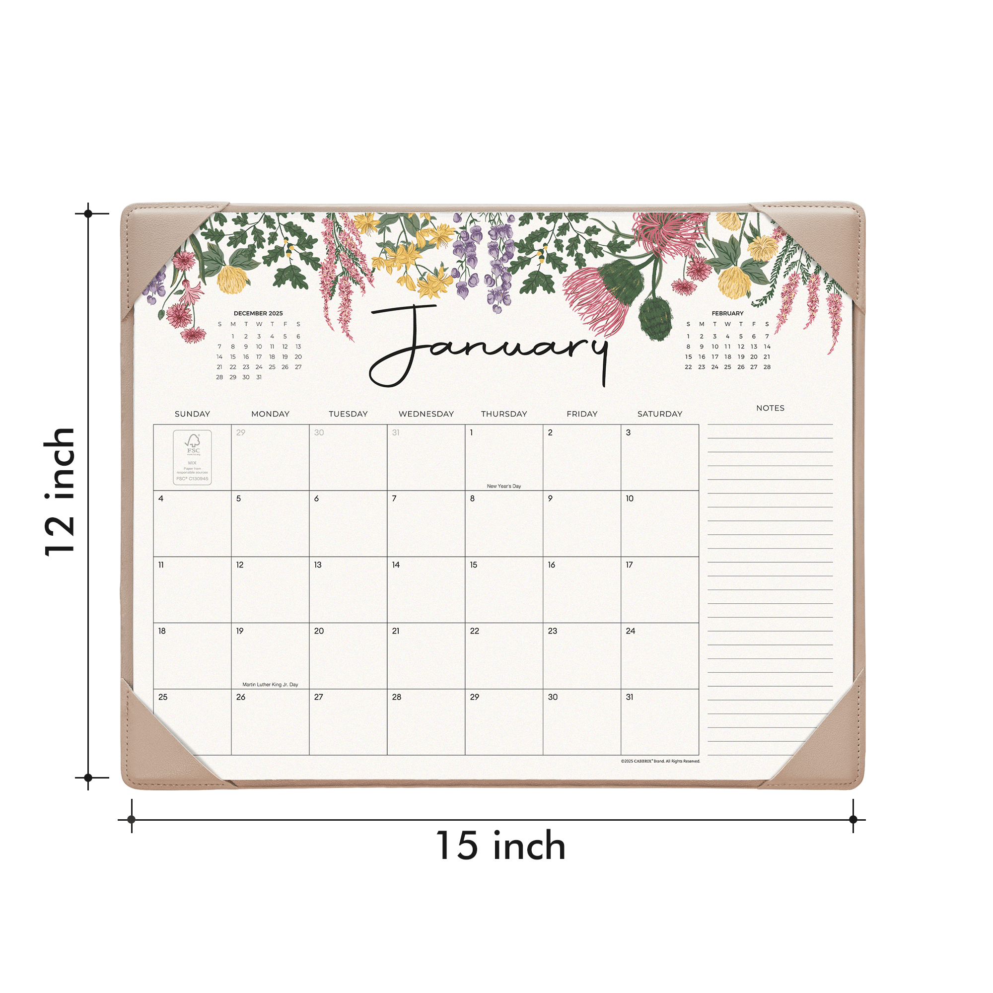 Floral-themed calendar with dimensions on a white background