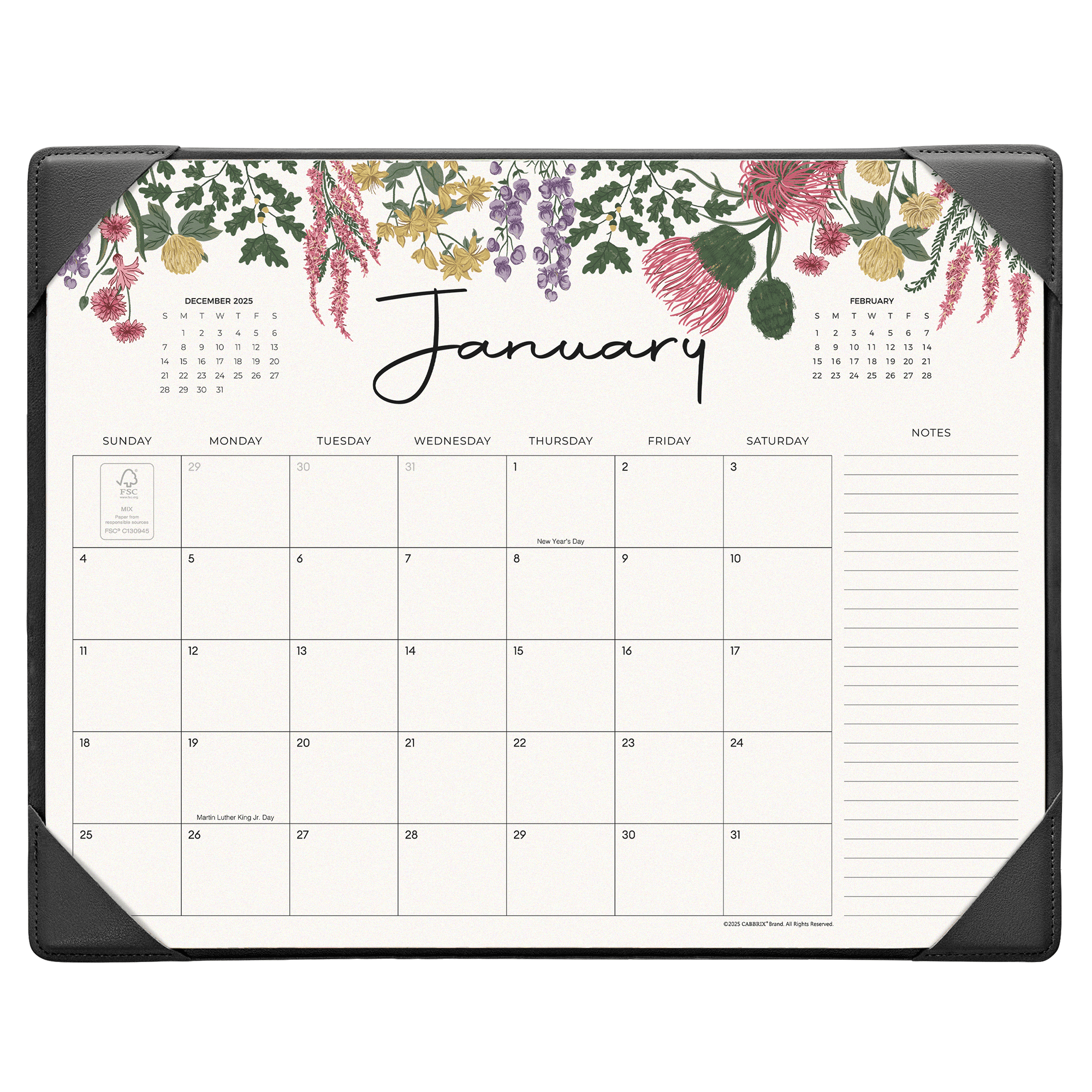 Floral-themed calendar with January on a white background