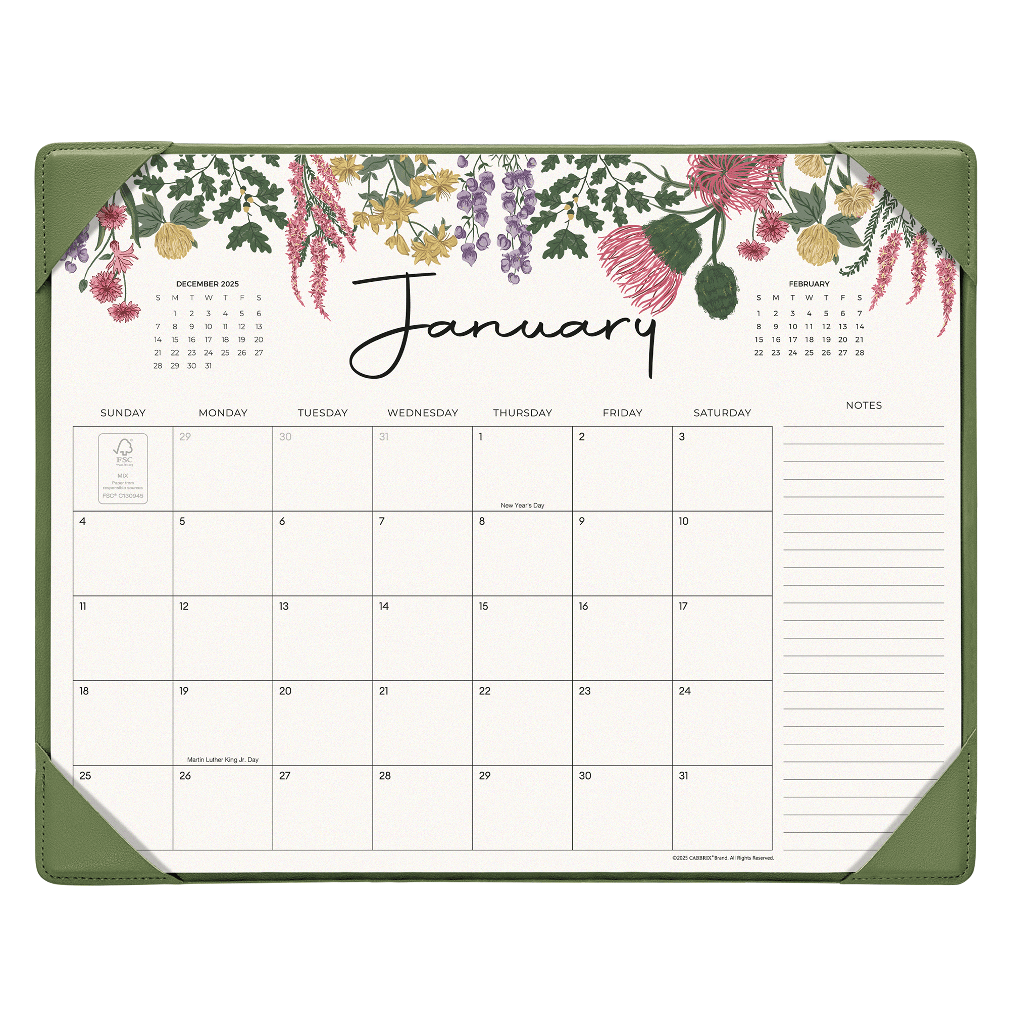 Floral-themed January calendar on a white background