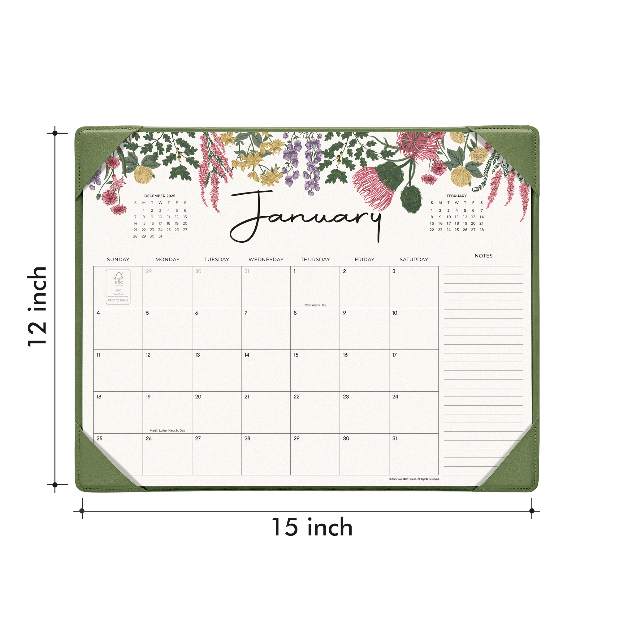 Floral-themed calendar with dimensions on a white background