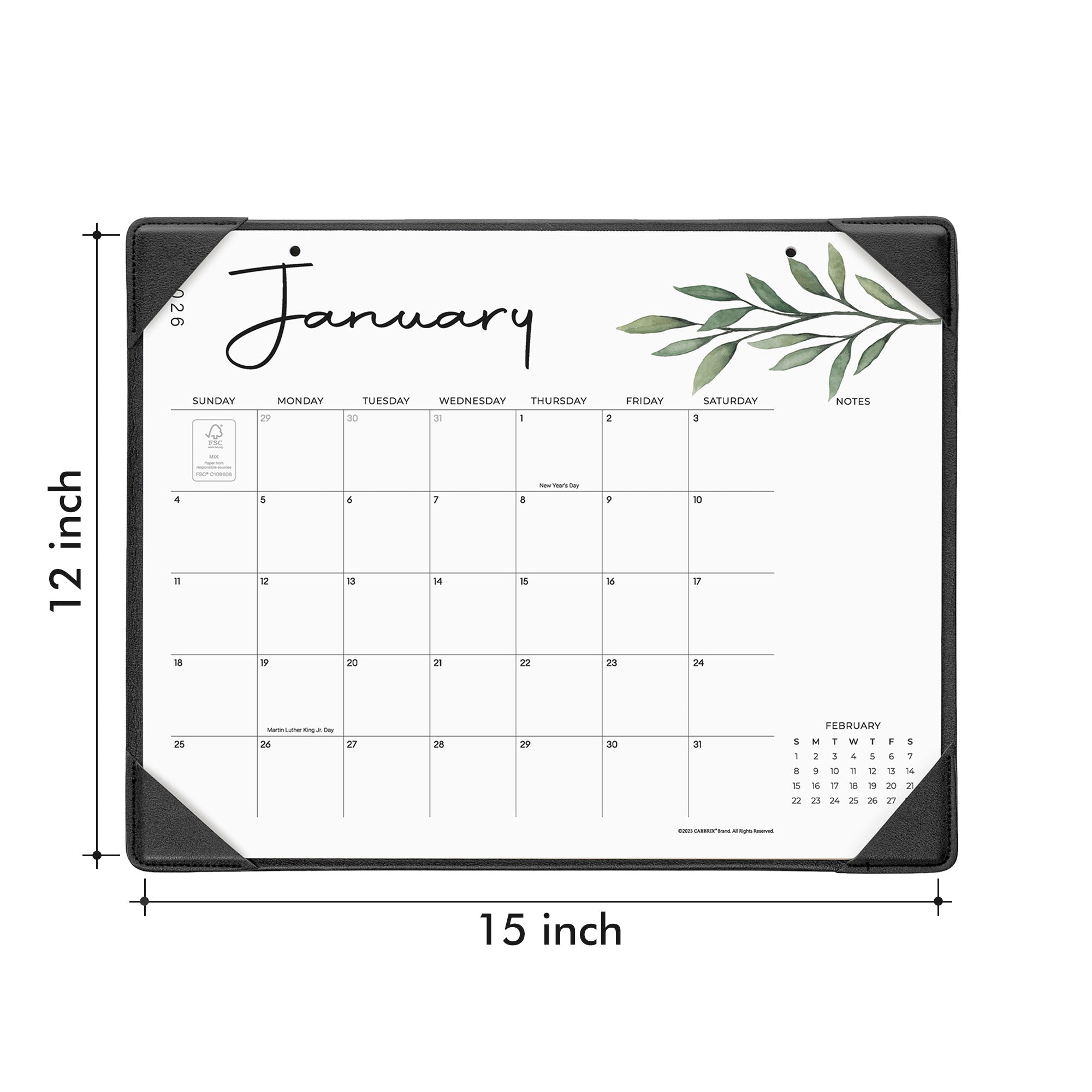 Calendar with dimensions labeled on a white background
