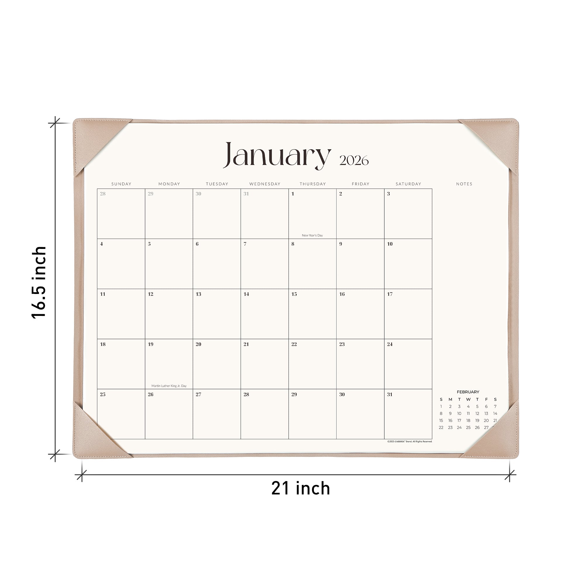 Calendar with dimensions labeled on a white background