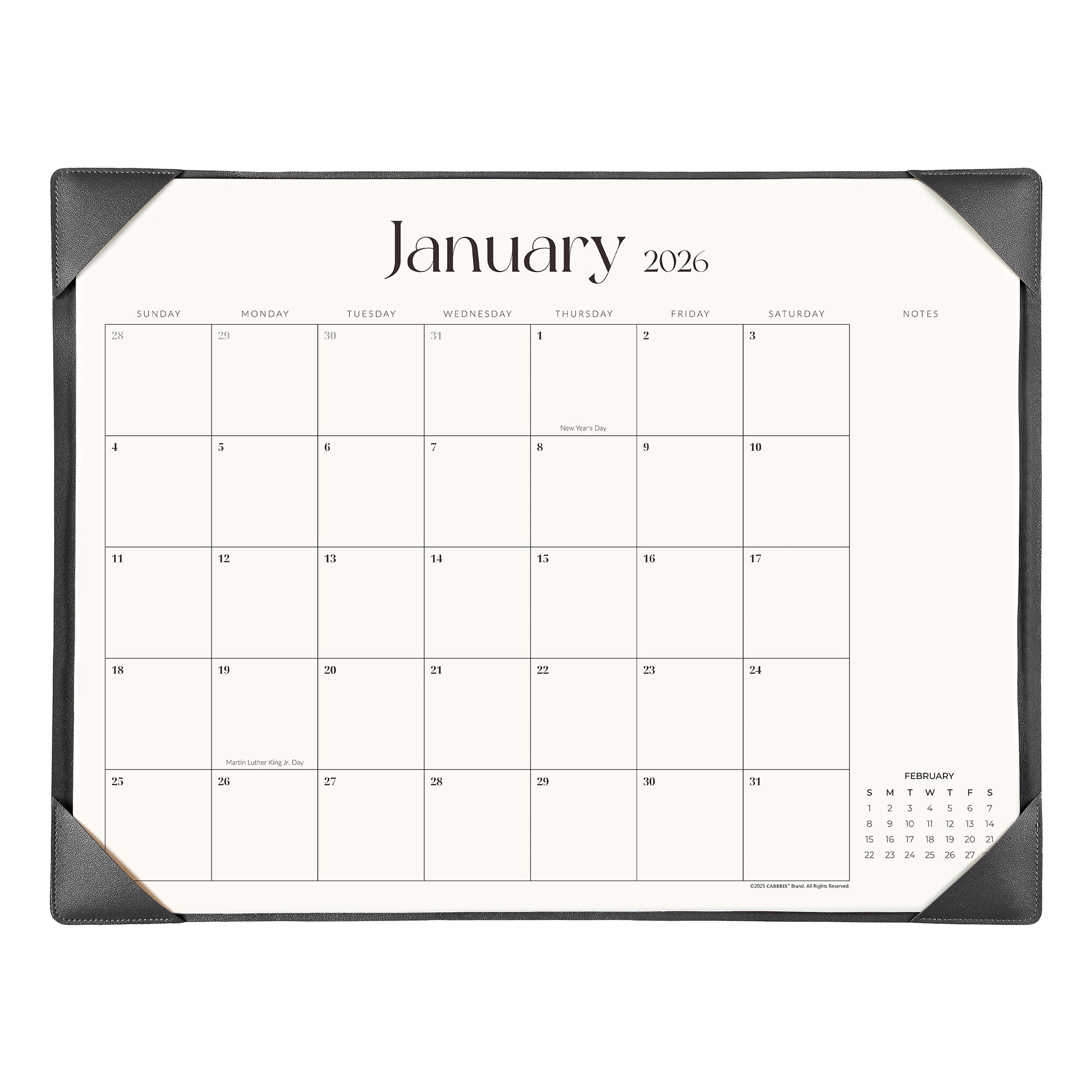 Calendar for January 2026 with a black frame on a white background