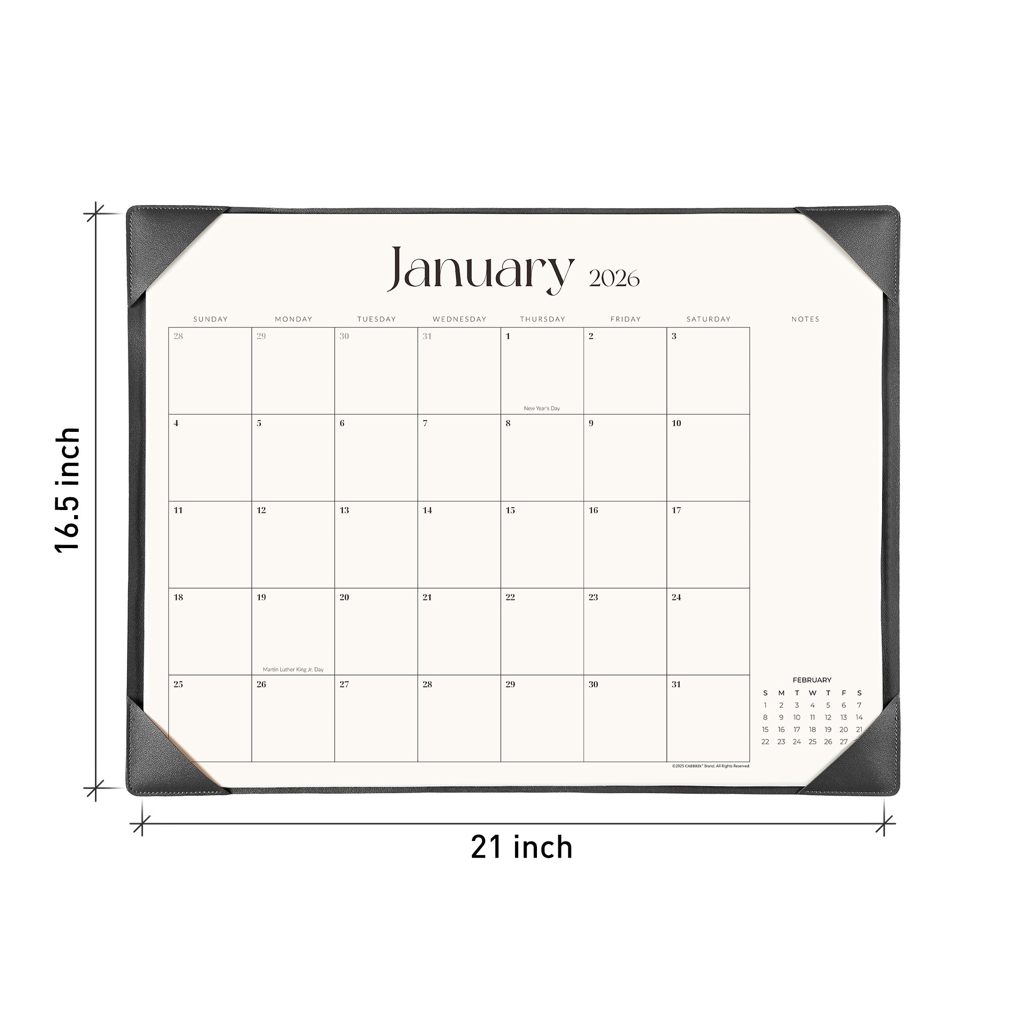Calendar with dimensions labeled on a white background