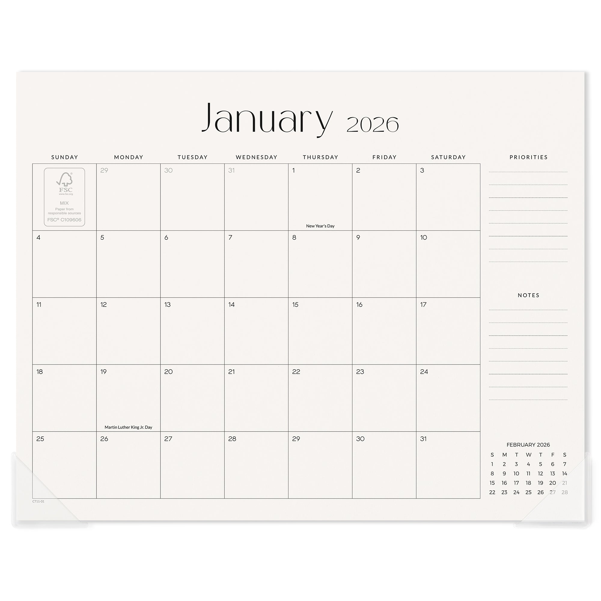 Calendar for January 2026 with notes and priorities section on a white background