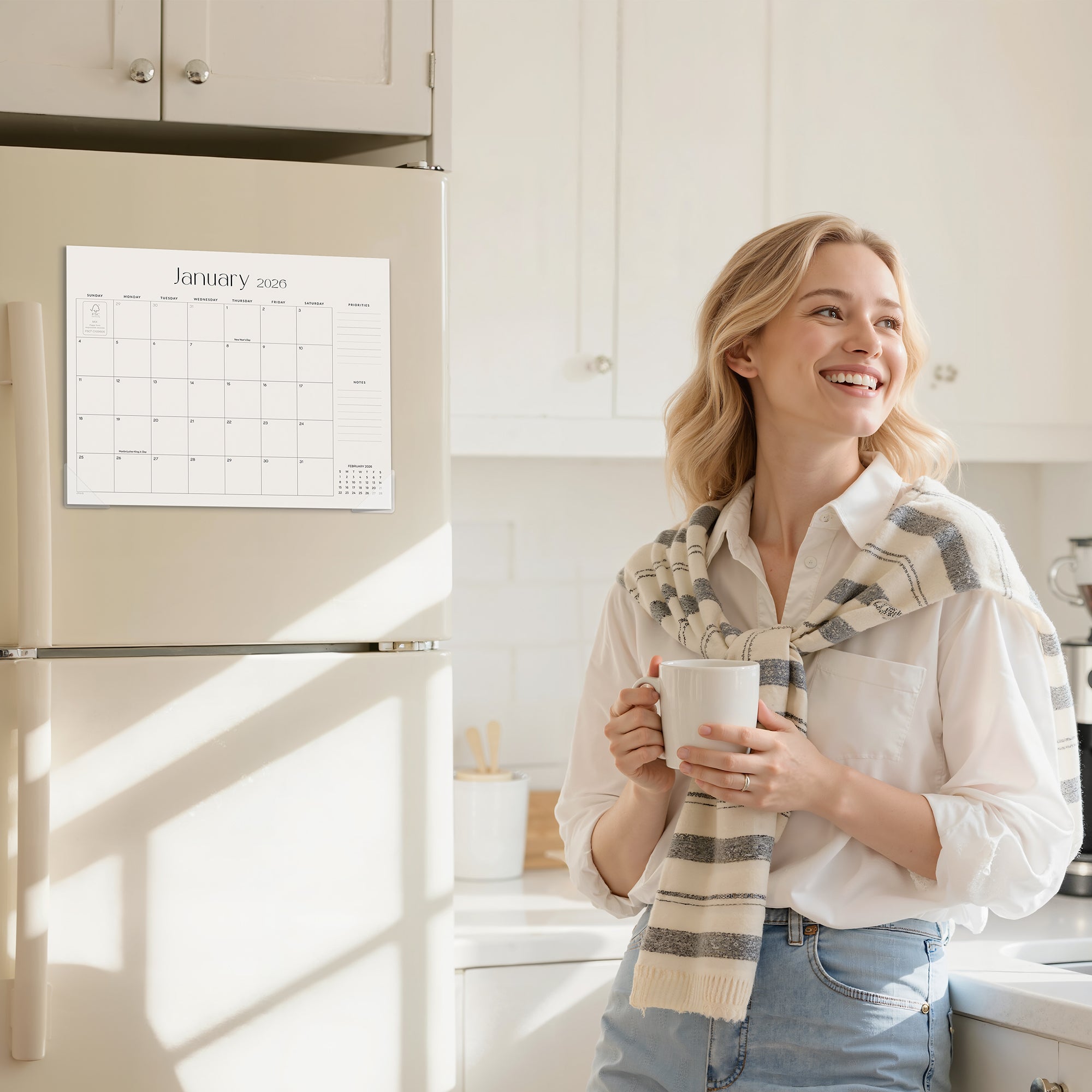 Woman holding a mug in a kitchen with a calendar on the refrigerator.